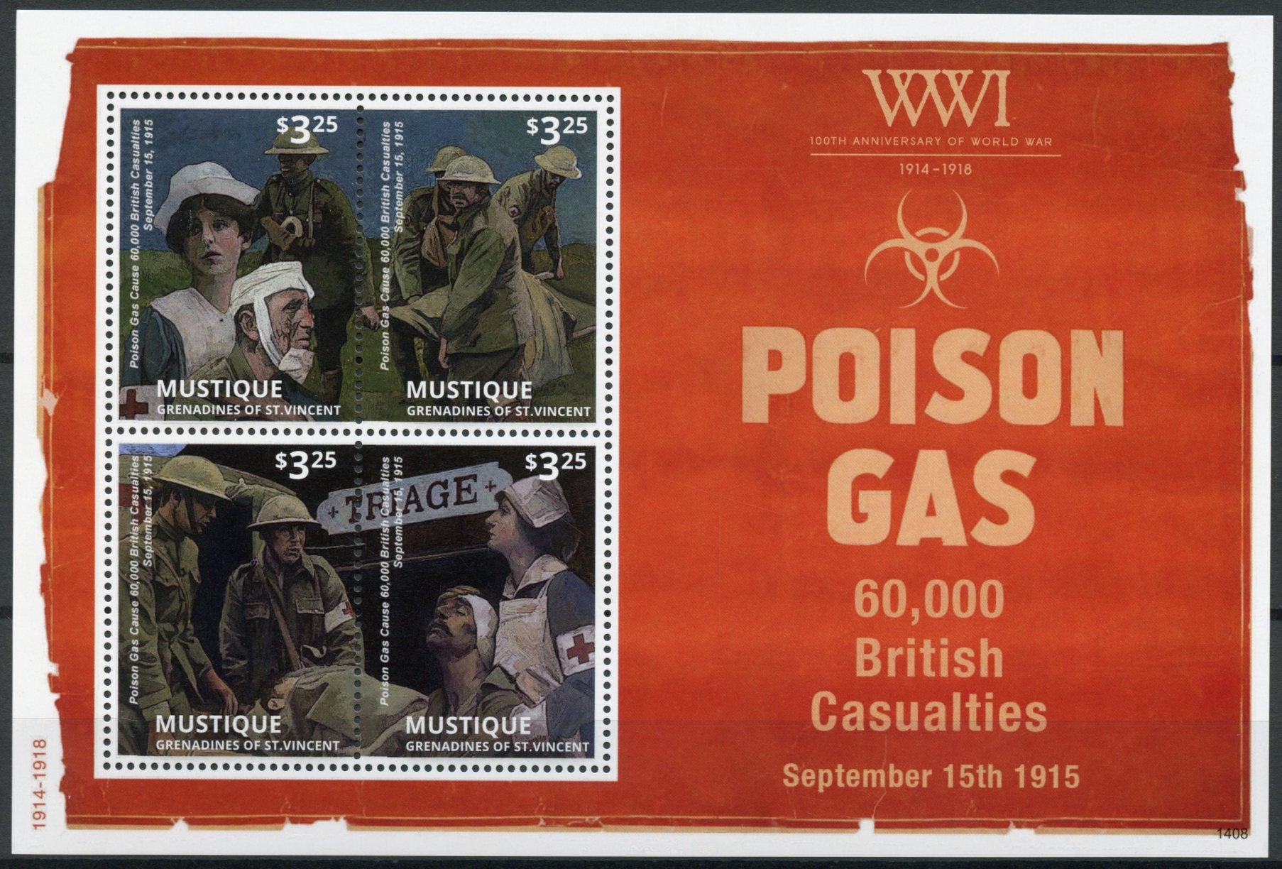 Mustique Gren St Vincent 2014 MNH WWI WW1 Poison Gas 4v M/S Military War Stamps