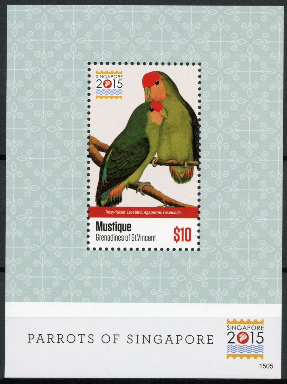 Mustique Grenadines St Vincent 2015 MNH Birds on Stamps Parrots of Singapore 2015 1v S/S