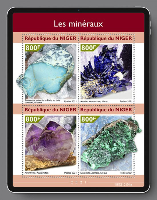 Niger 2021 MNH Minerals Stamps Azurite Amethyst Turquoise Malachite 4v M/S