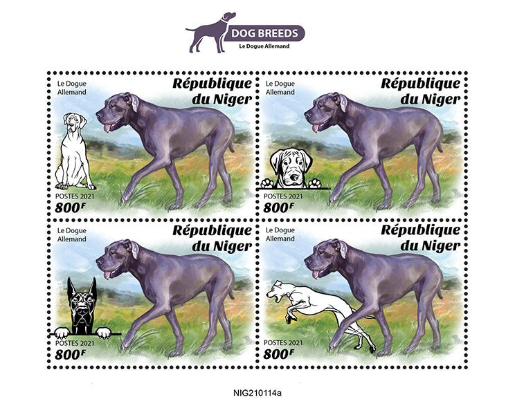 Niger 2021 MNH Dogs Stamps Great Dane German Mastiff Dog Breeds 4v M/S