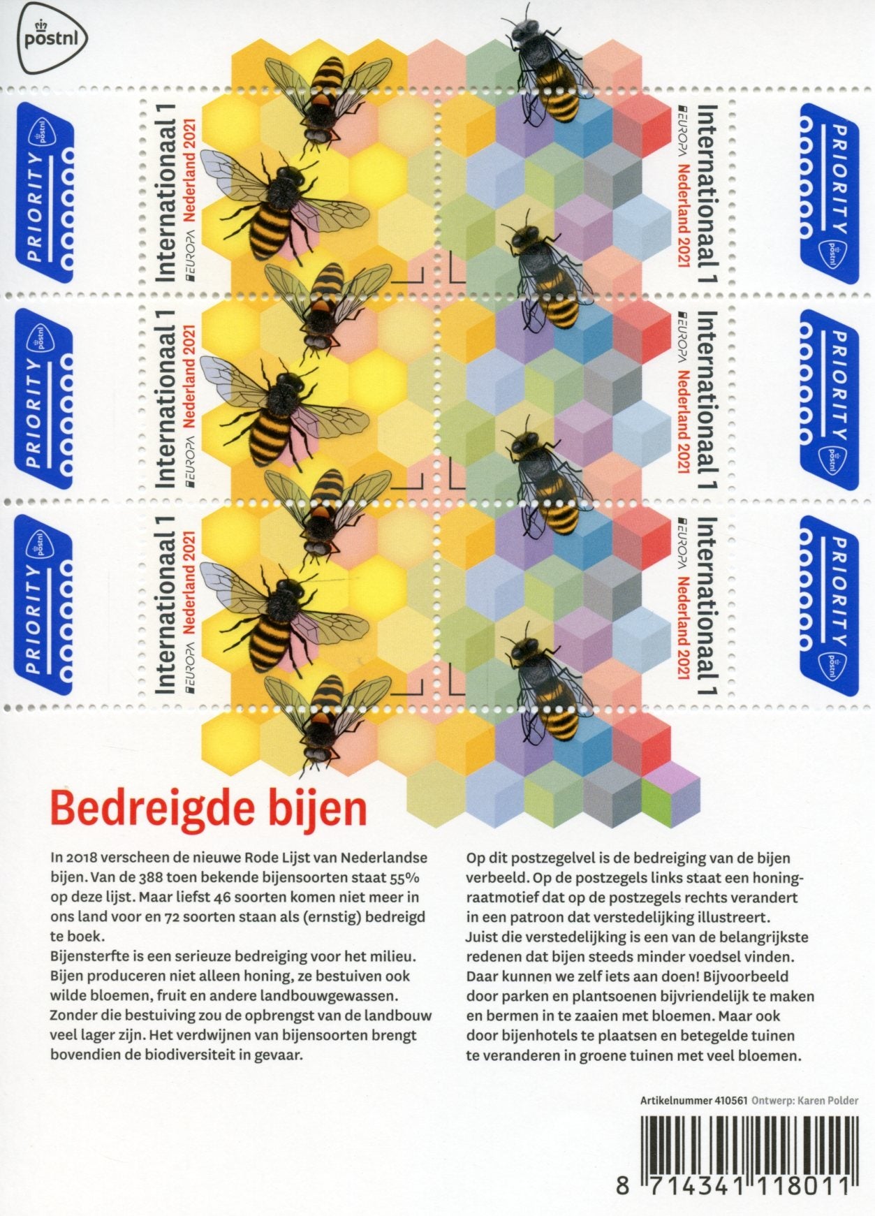 Netherlands Europa Stamps 2021 MNH Endangered Natl Wildlife Bees 6v M/S