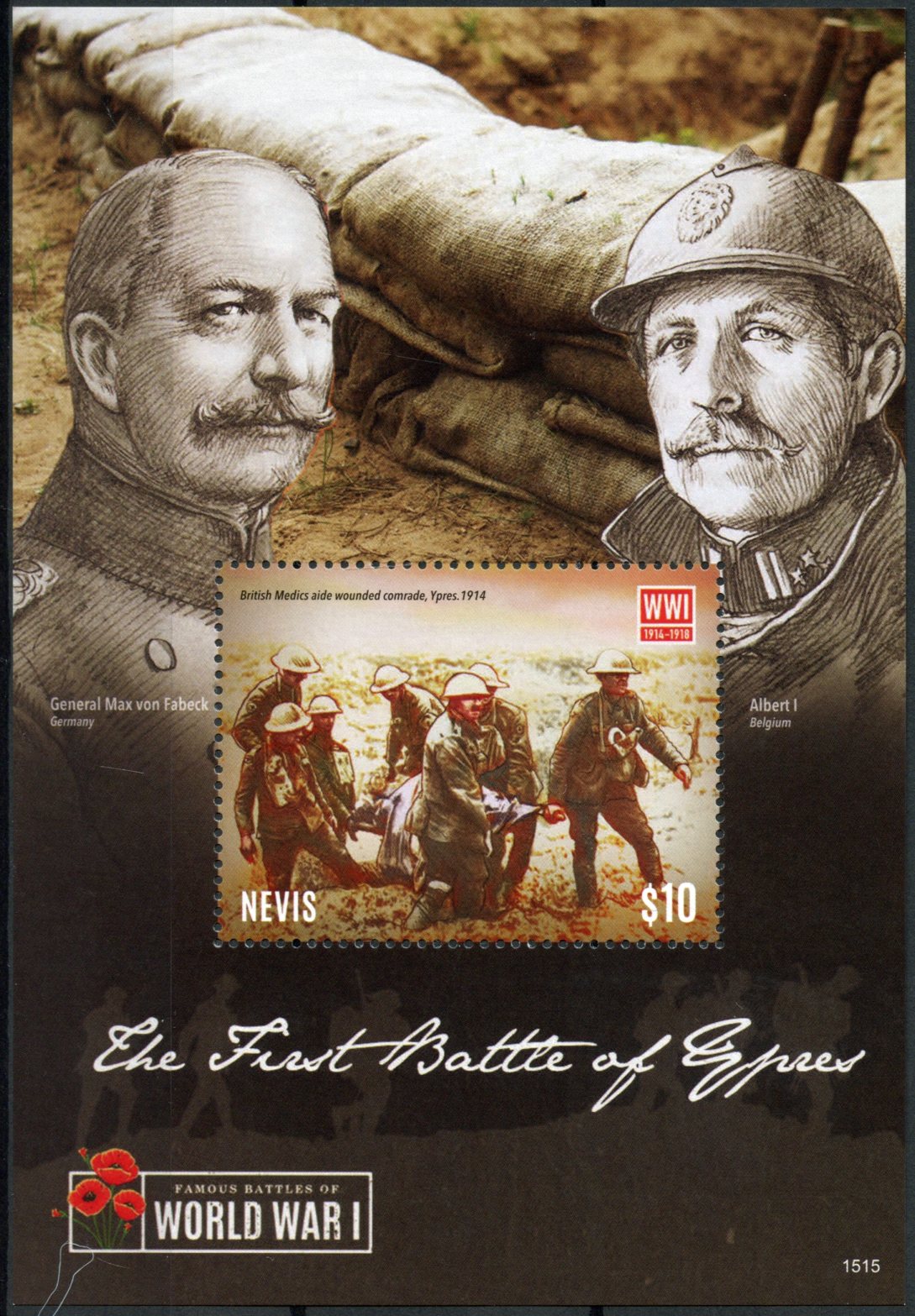 Nevis 2015 MNH WWI 1st Battle of Ypres Famous Battles World War I 1v S/S Stamps