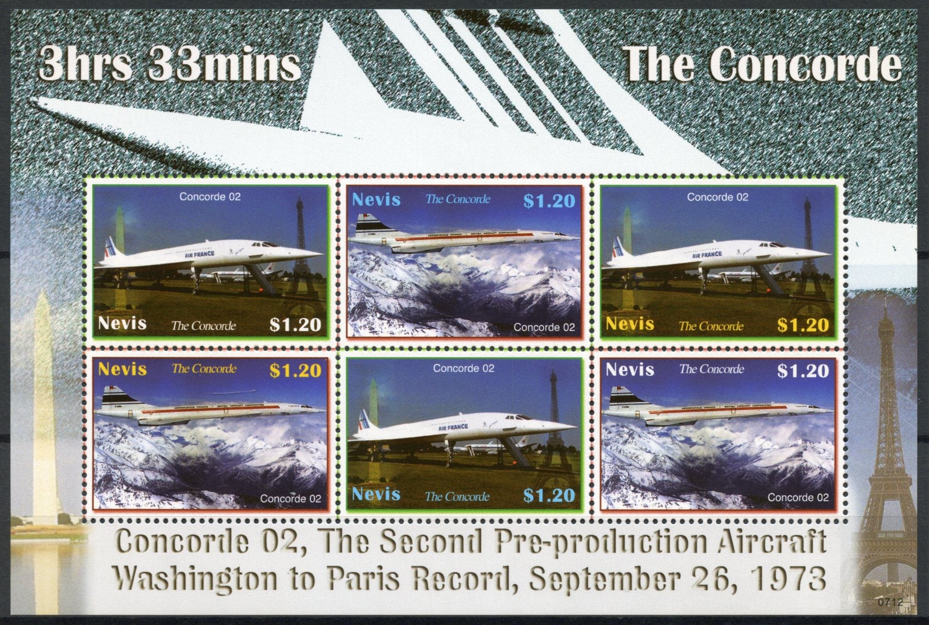 Nevis 2007 MNH Concorde 02 Washington Paris Record 6v M/S Eiffel Tower Stamps