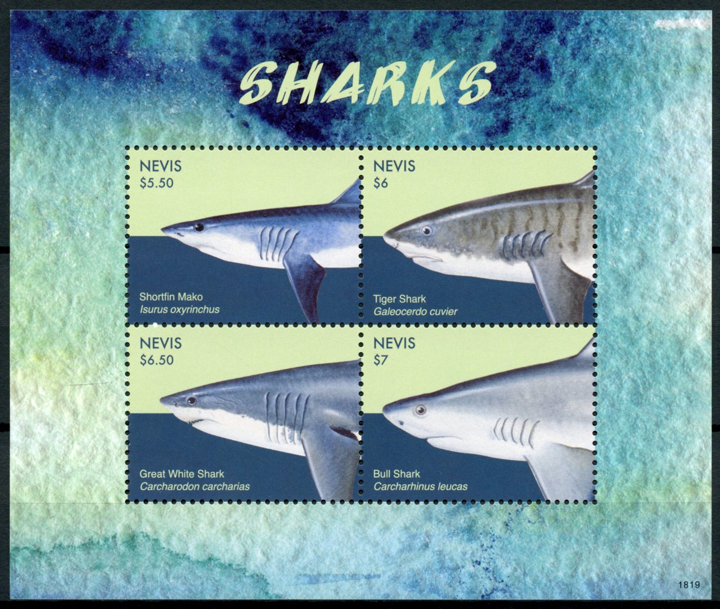 Nevis 2018 MNH Sharks Great White Mako Shark 4v M/S Marine Animals Stamps