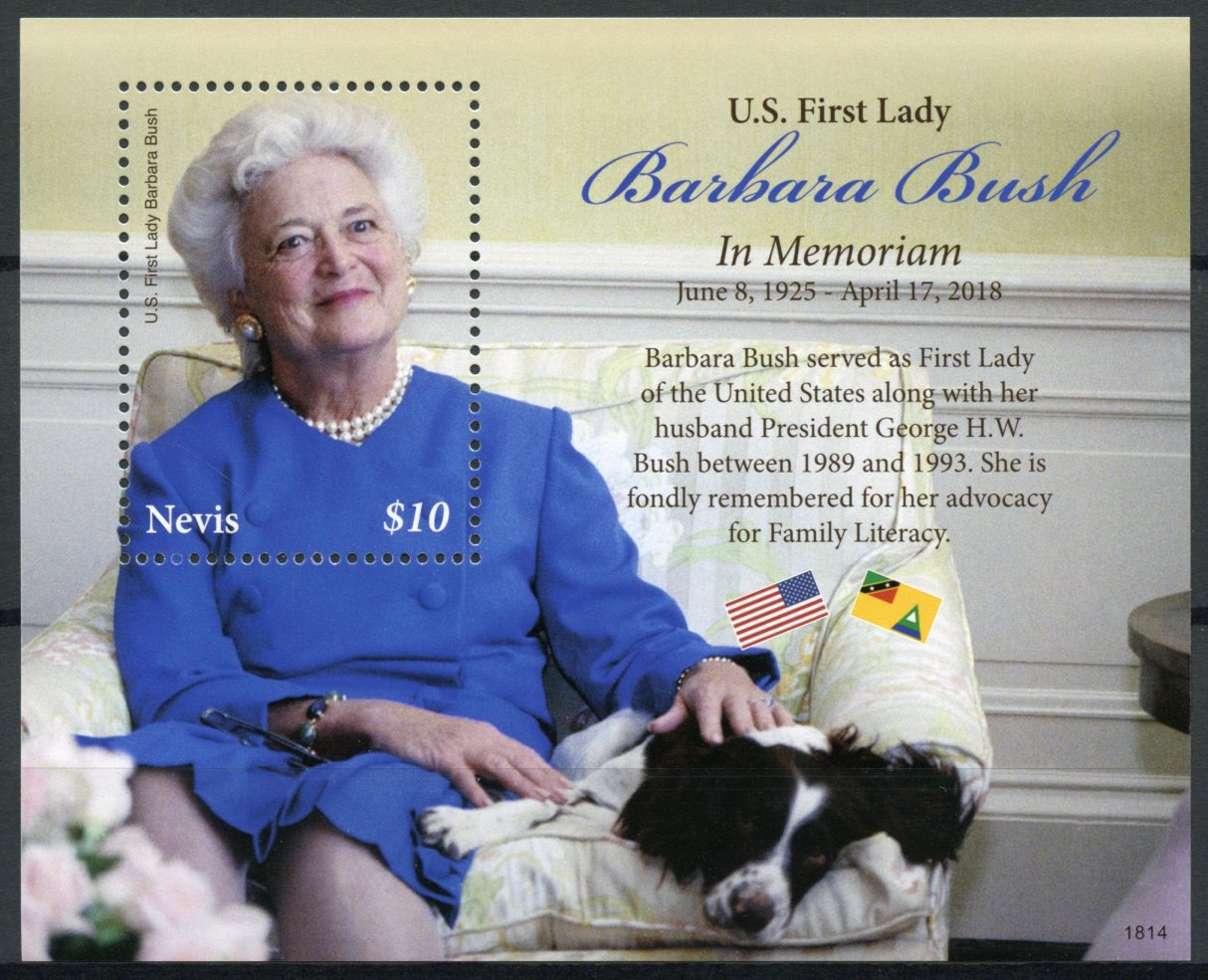 Nevis 2018 MNH US First Lady Barbara Bush in Memoriam 1v S/S Dogs People Stamps