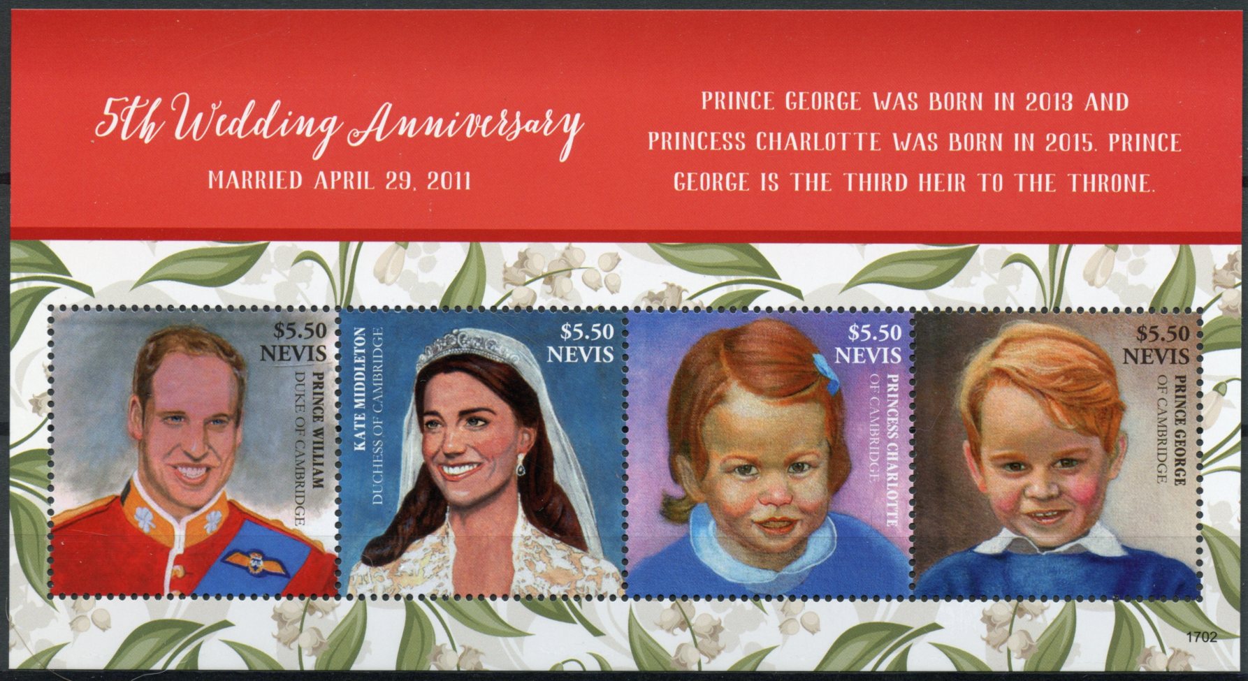 Nevis 2017 MNH Prince William & Kate 5th Wedding Anniv 4v M/S Royalty Stamps
