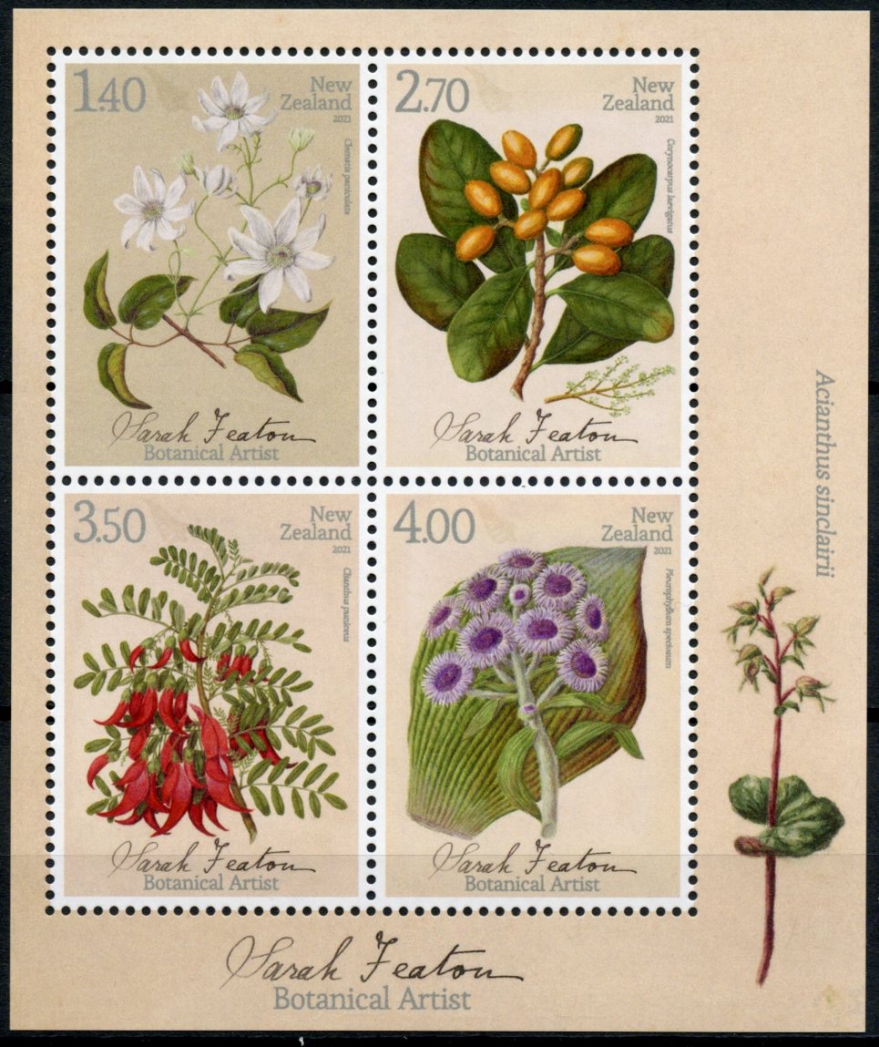New Zealand NZ Flowers Stamps 2021 MNH Sarah Featon Botanical Artist Art Nature 4v M/S