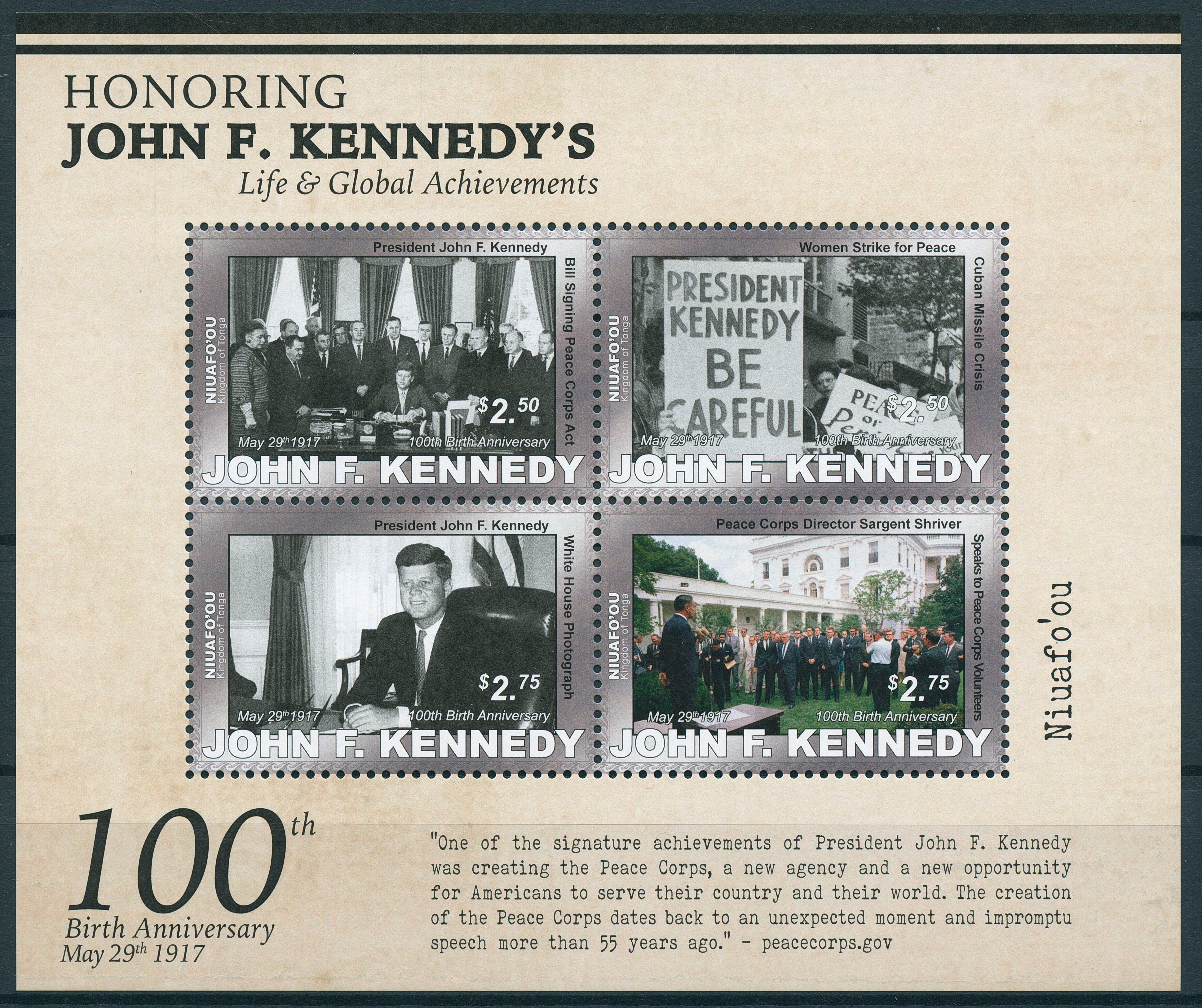 Niuafo'ou 2017 MNH John F Kennedy JFK 100th Birth 4v M/S US Presidents Stamps