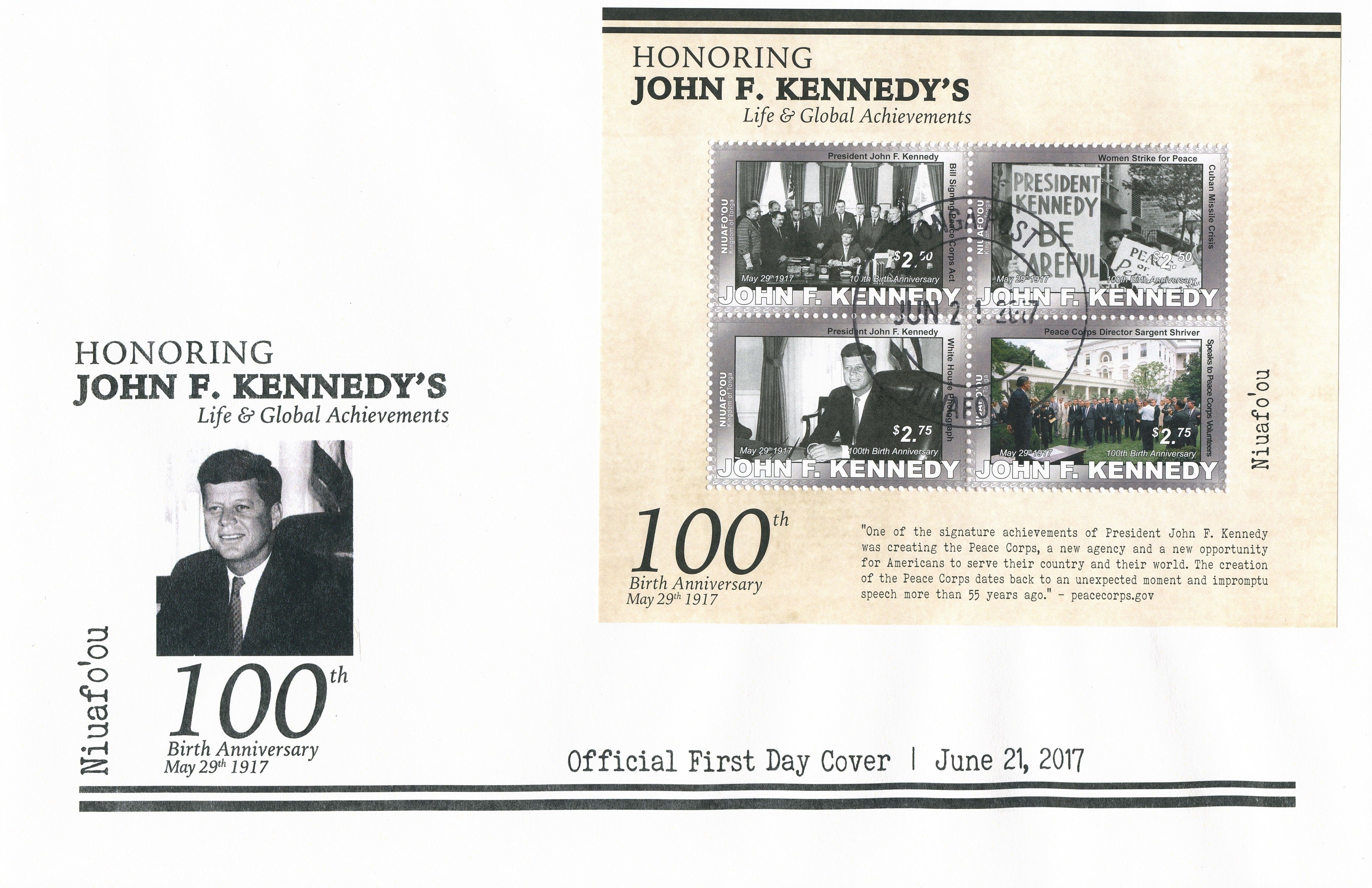 Niuafo'ou 2017 FDC John F Kennedy JFK 100th 4v M/S Cover US Presidents Stamps
