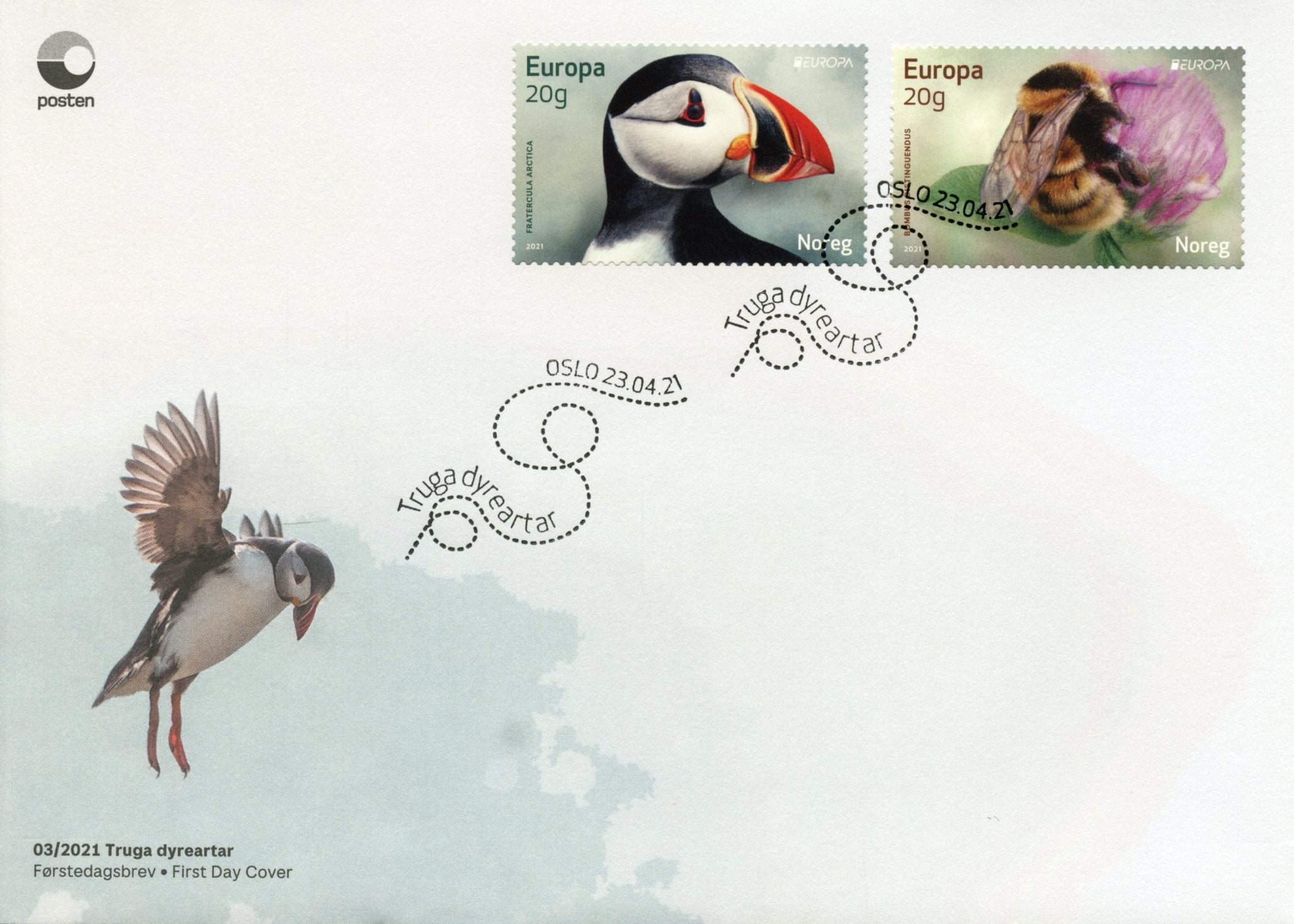 Norway Europa Stamps 2021 FDC Endangered National Wildlife Birds Puffins Bees 2v S/A Set