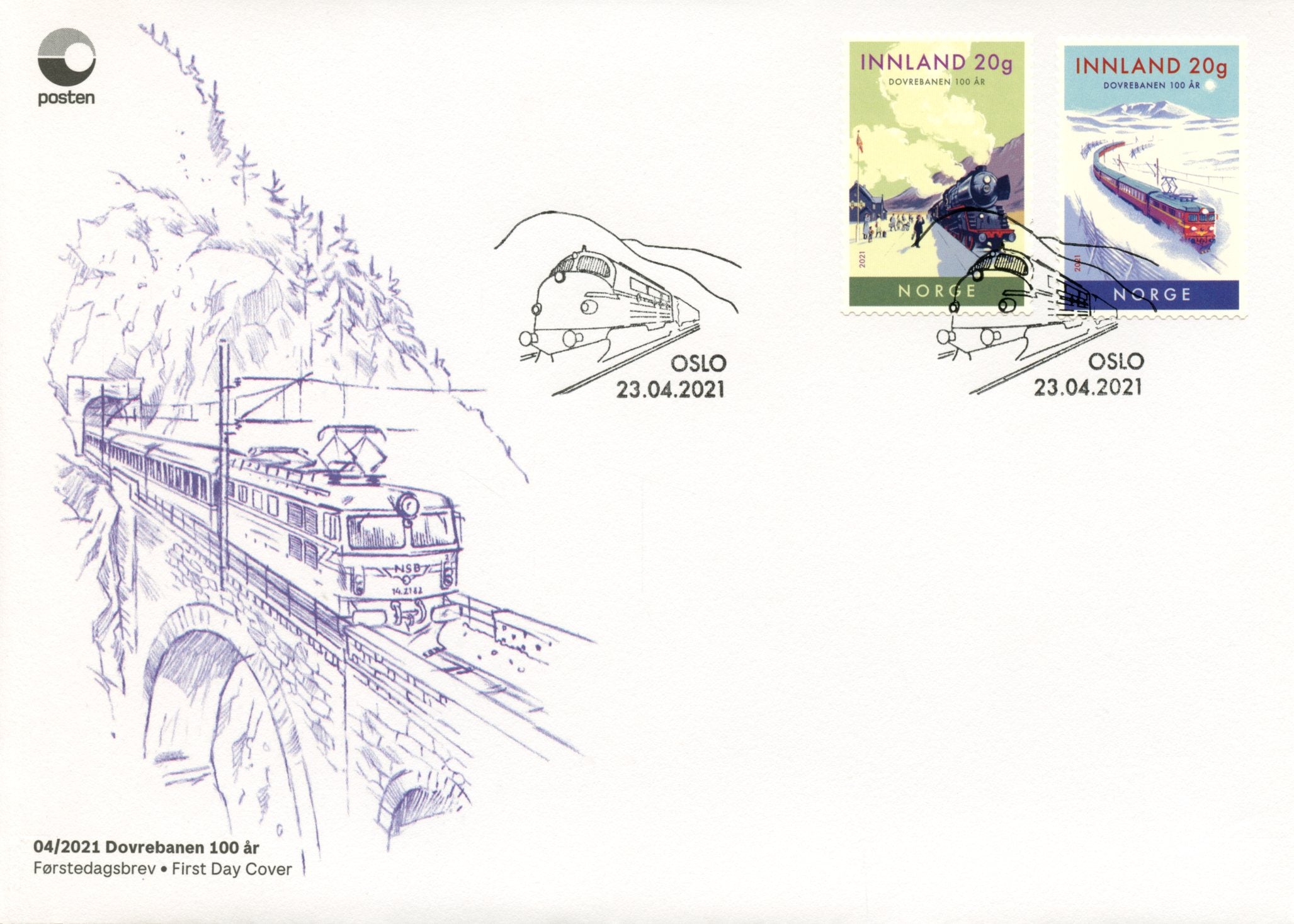 Norway Trains Stamps 2021 FDC Dovre Railway Line Centenary Railways 2v S/A Set