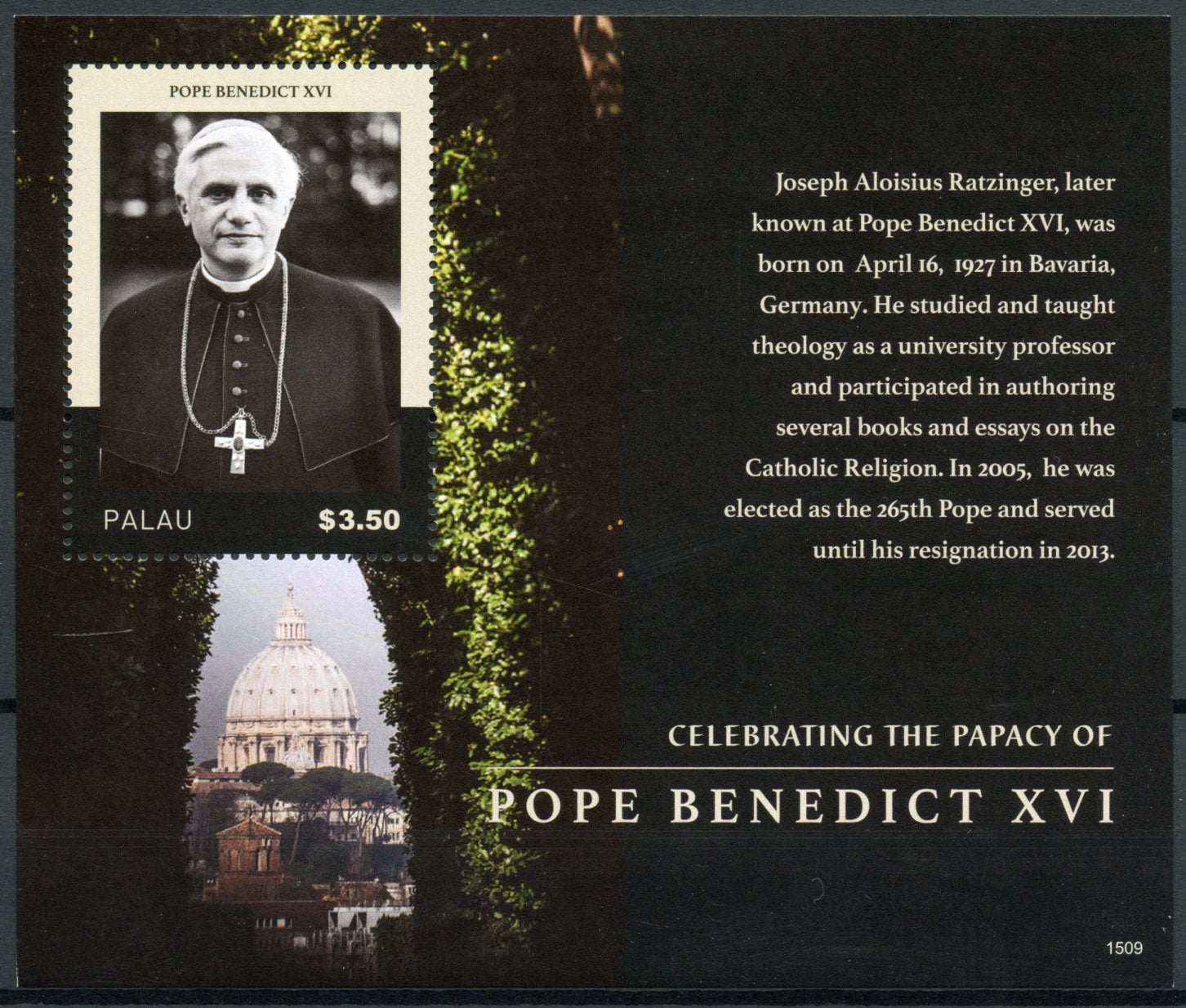 Palau 2015 MNH Pope Benedict XVI Stamps Celebration Papacy 1v S/S
