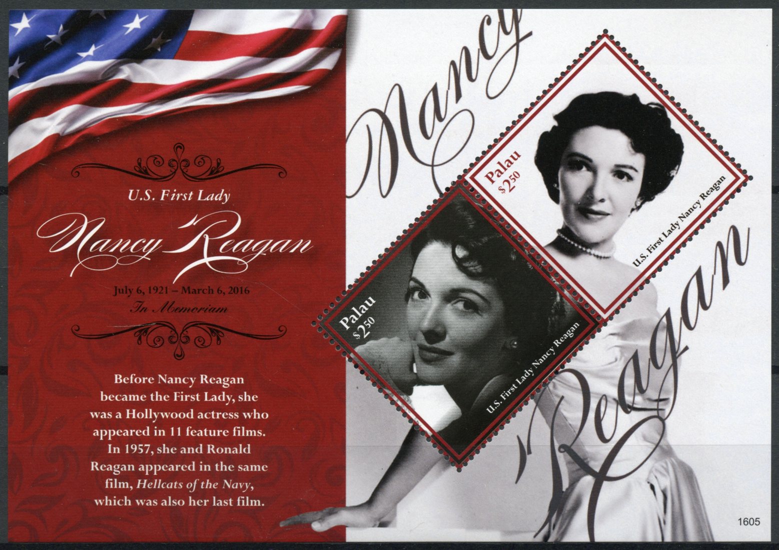 Palau 2016 MNH US First Lady Nancy Reagan 2v S/S I Film Movie Stars Stamps