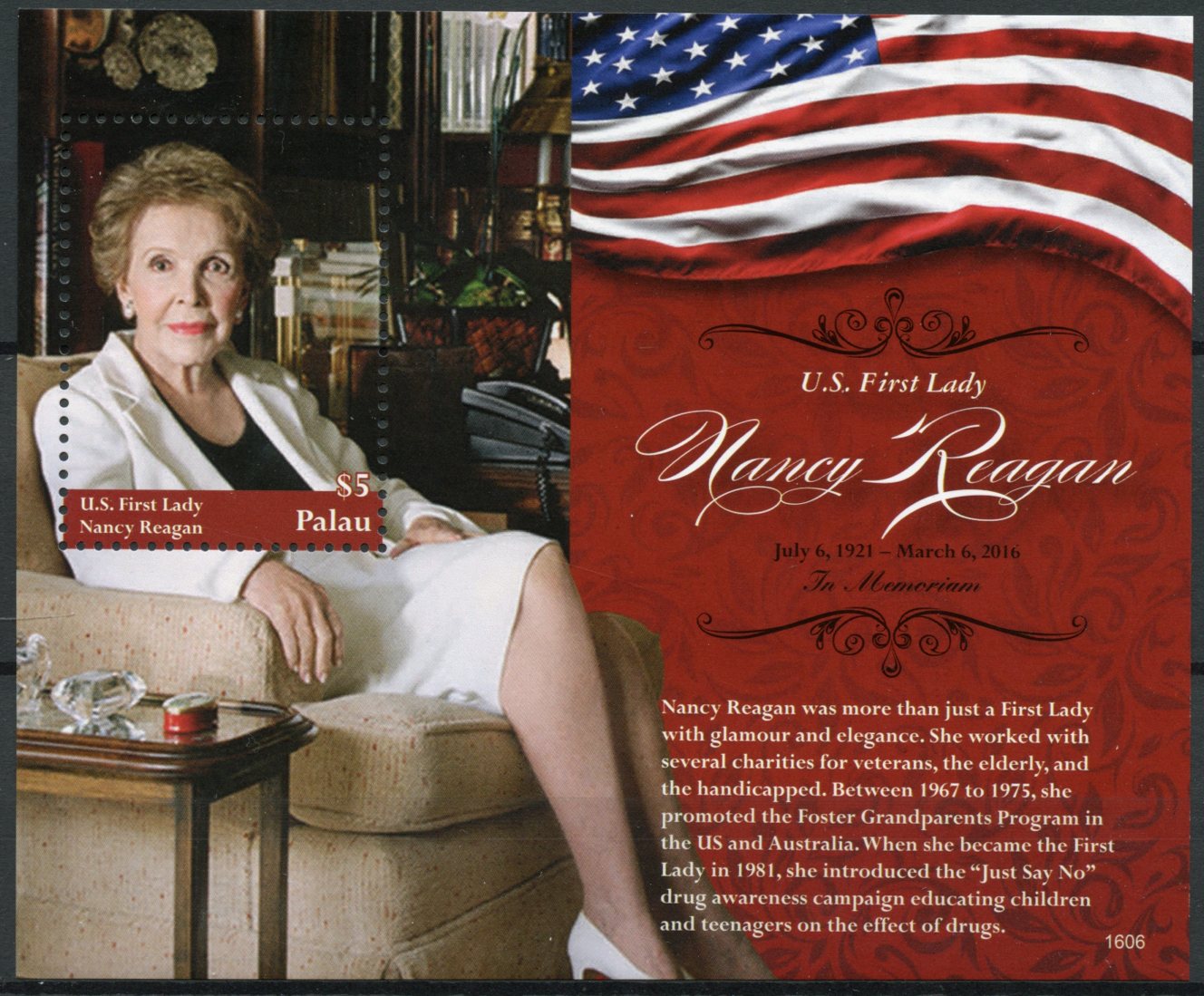 Palau 2016 MNH US First Lady Nancy Reagan 1v S/S II Film Movie Stars Stamps