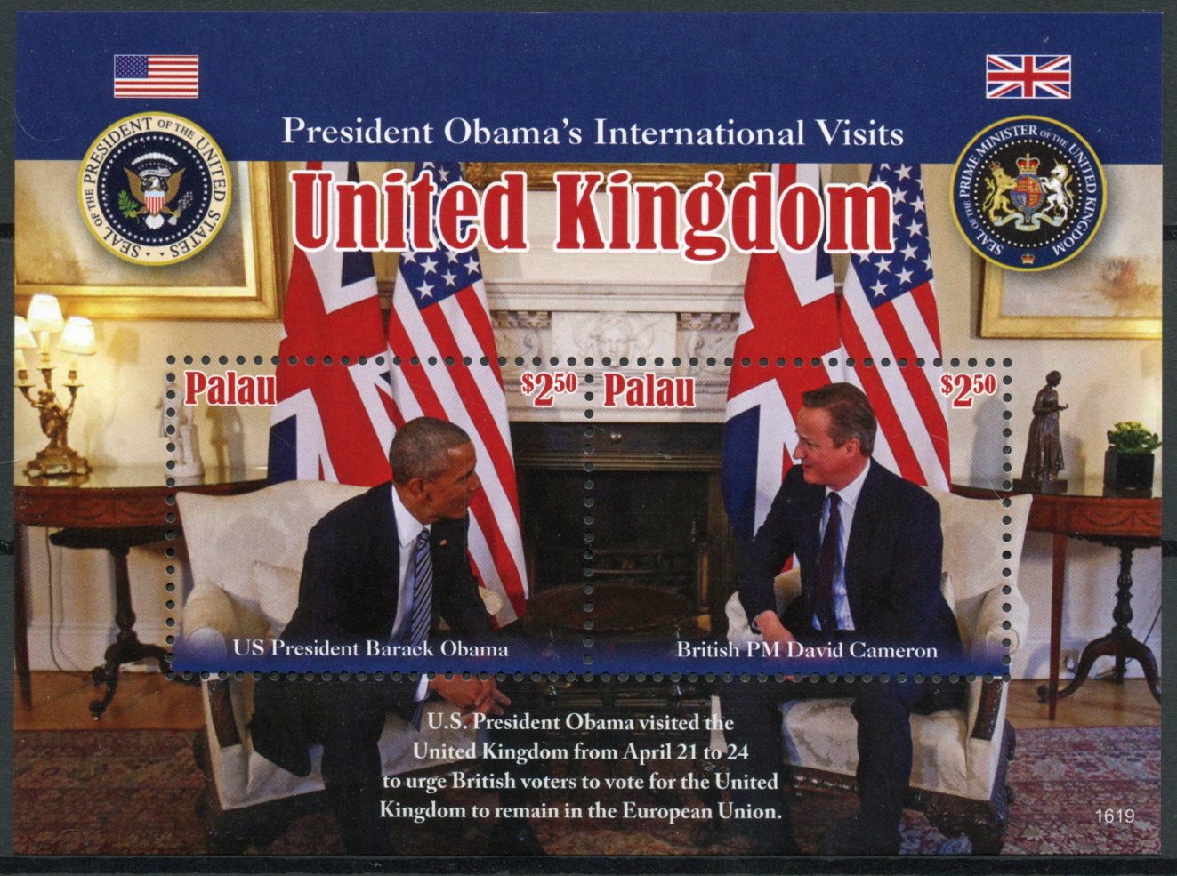 Palau 2016 MNH US President Barack Obama Visits UK 2v S/S David Cameron Stamps
