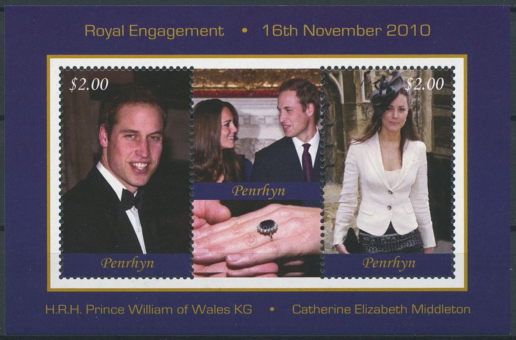 Penrhyn Cook Isl 2011 MNH Royal Engagement Prince William Kate 2v S/S Stamps