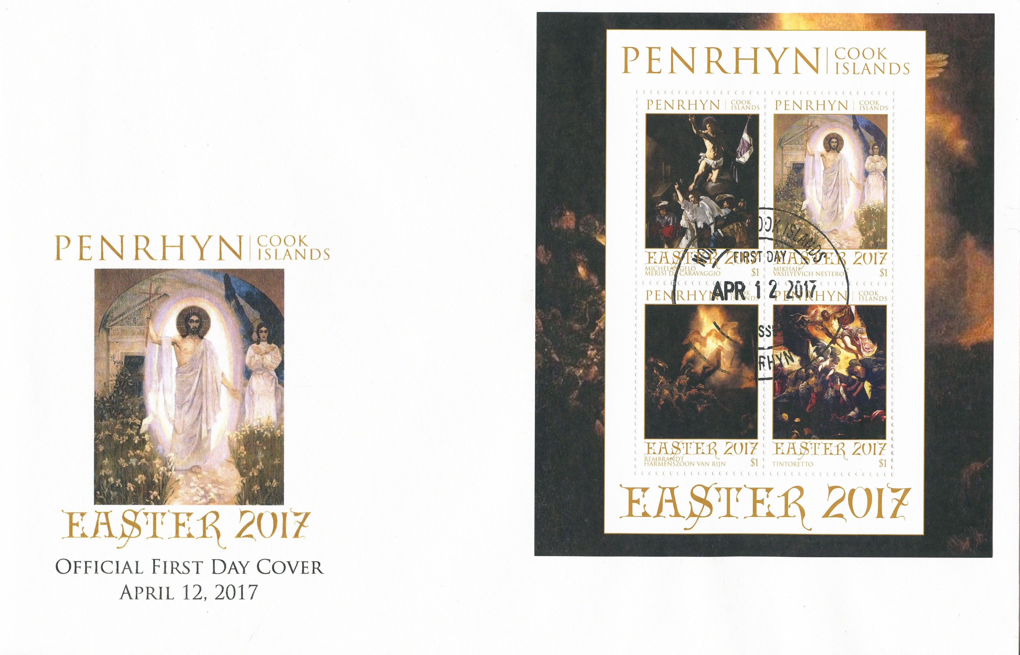 Penrhyn Cook Isl 2017 FDC Easter Art Paintings Caravaggio 4v M/S Cover Stamps