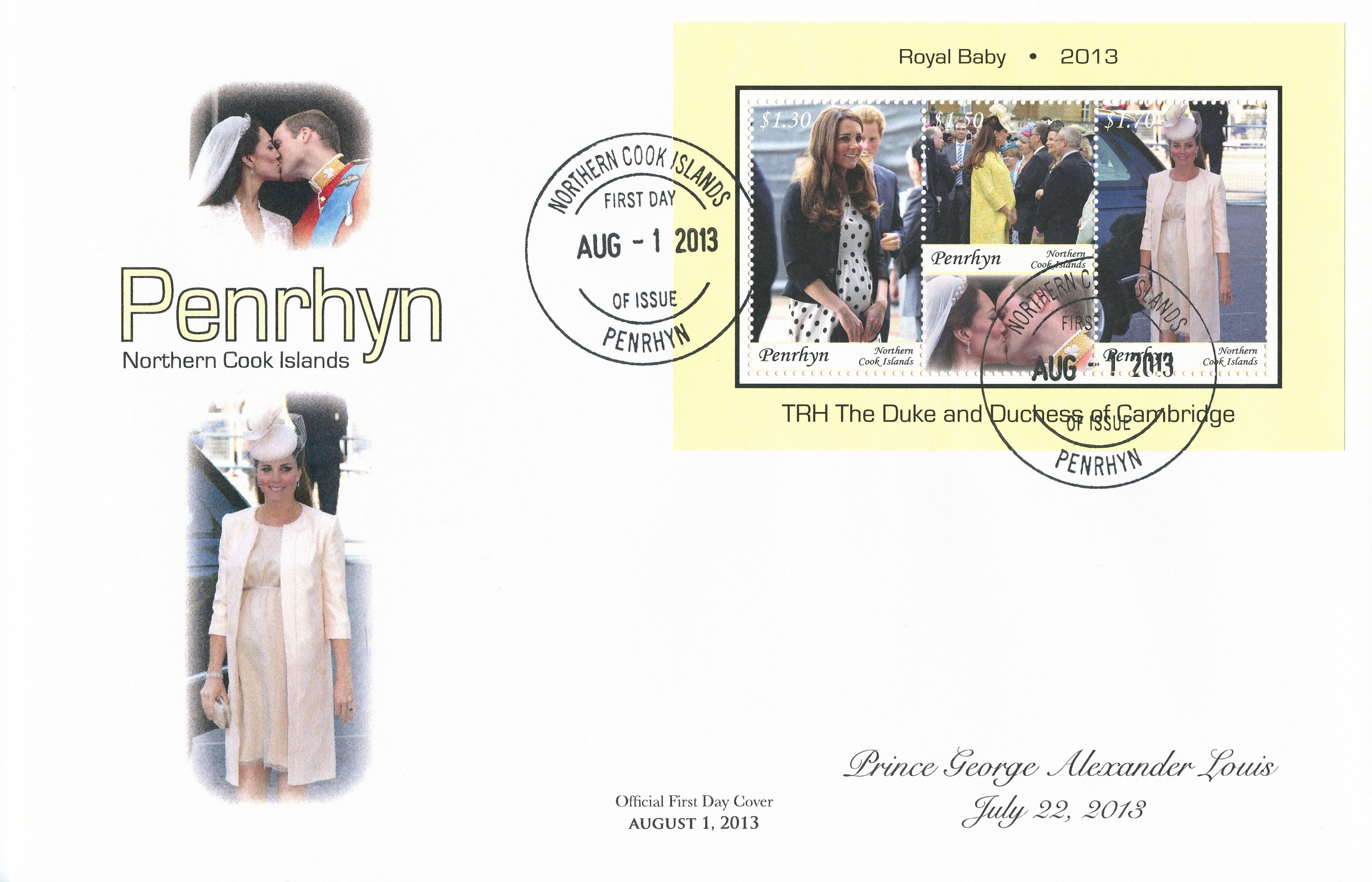 Penrhyn 2013 FDC Royal Baby 3v S/S Cover Prince George William Kate Cambridge