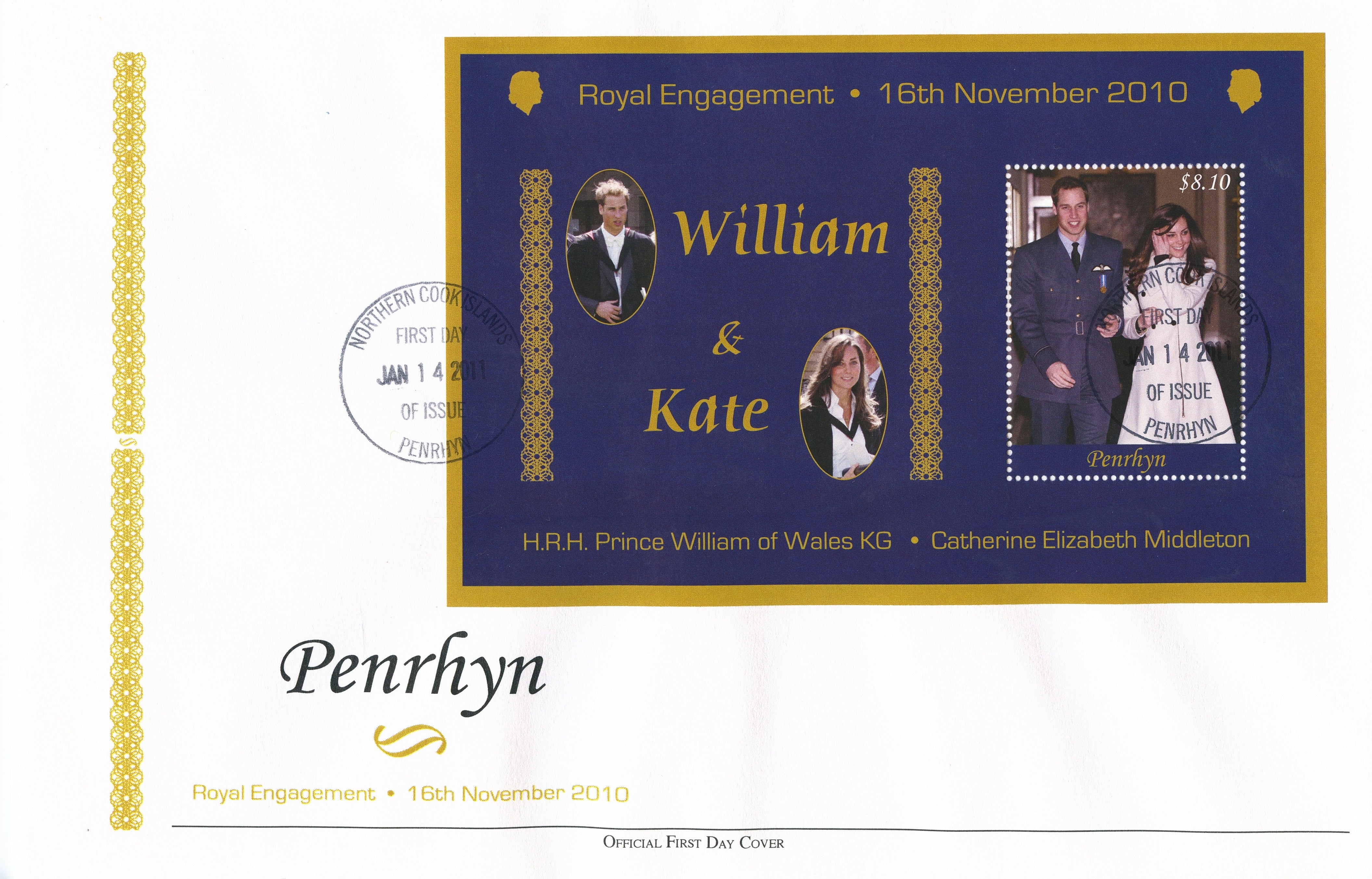 Penrhyn 2011 FDC Royal Engagement 1v Special Sheet Cover Prince William Kate