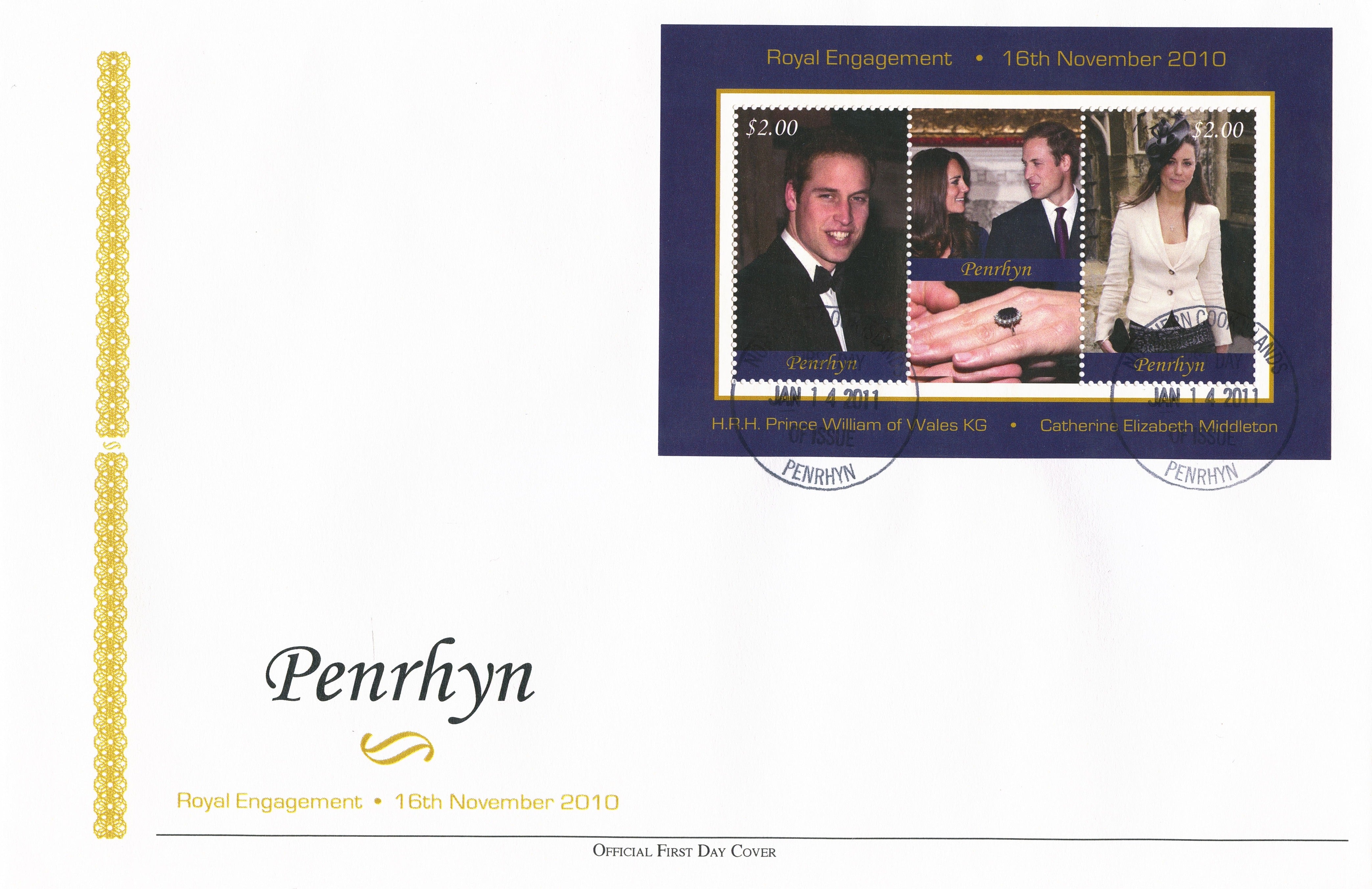 Penrhyn 2011 FDC Royal Engagement 2v Sheet Cover Prince William Kate Middleton