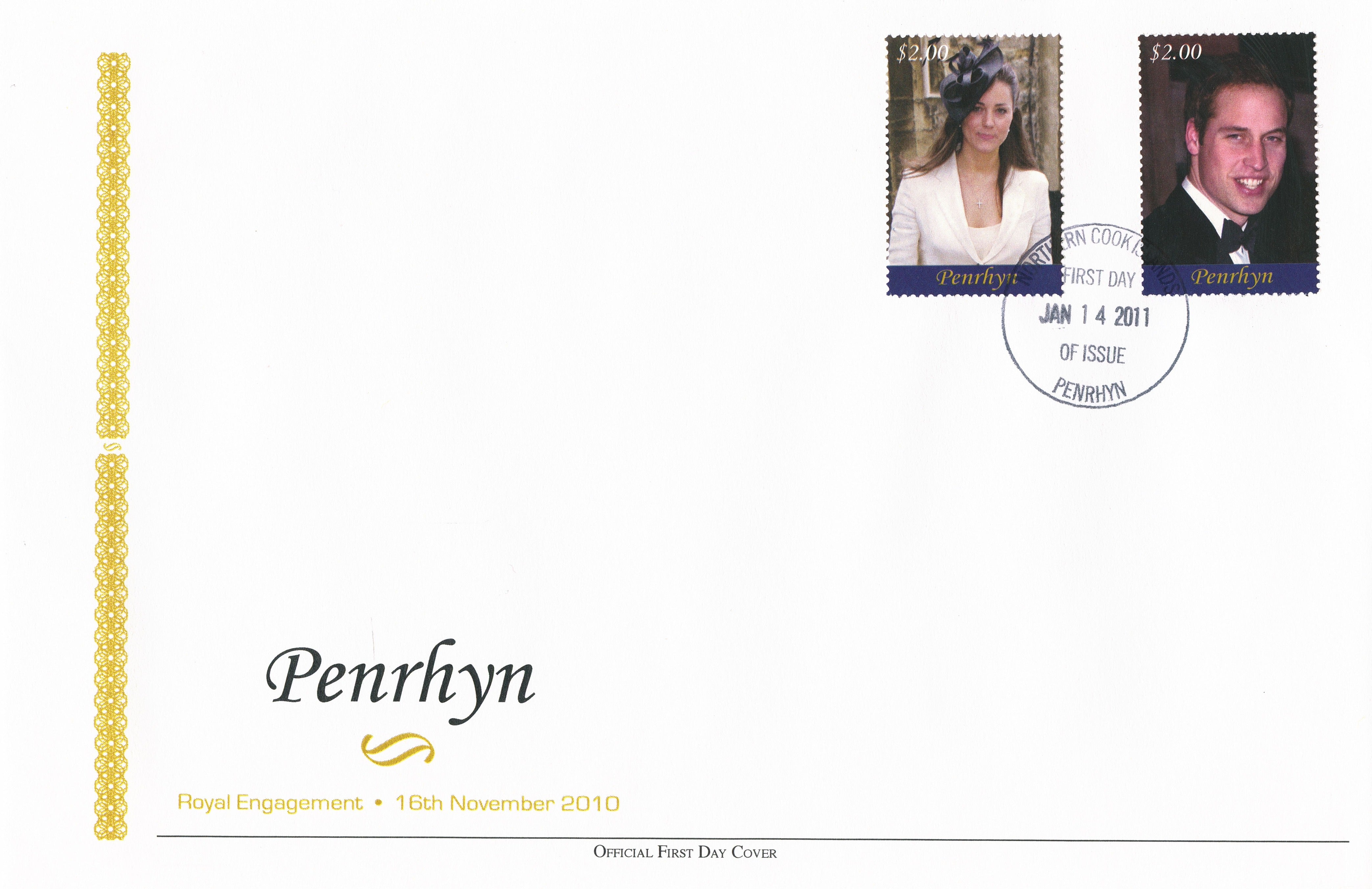 Penrhyn 2011 FDC Royal Engagement 2v Set Cover Prince William Kate Middleton