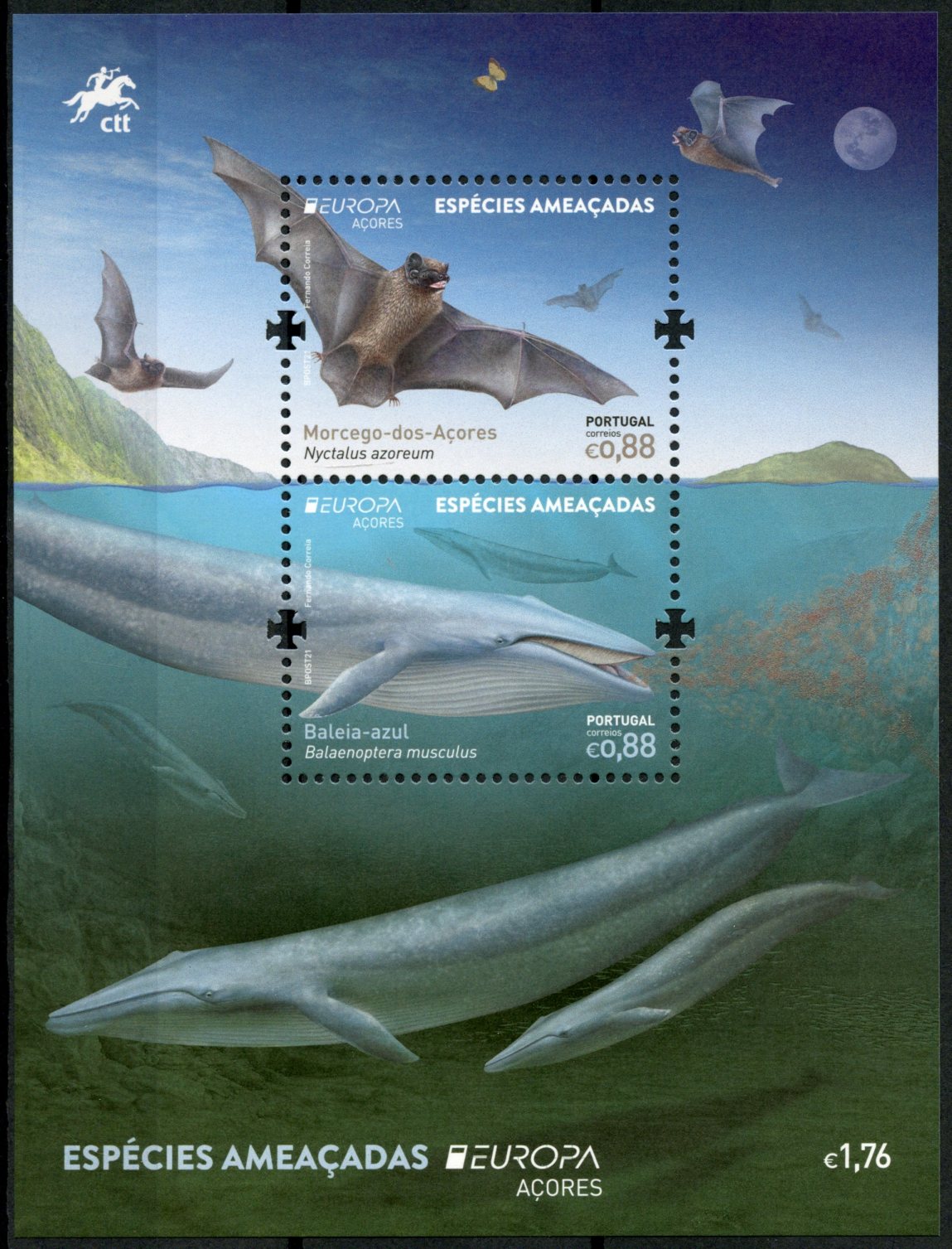 Portugal Azores Europa Stamps 2021 MNH Endangered Natl Wildlife Whales Bats 2v M/S