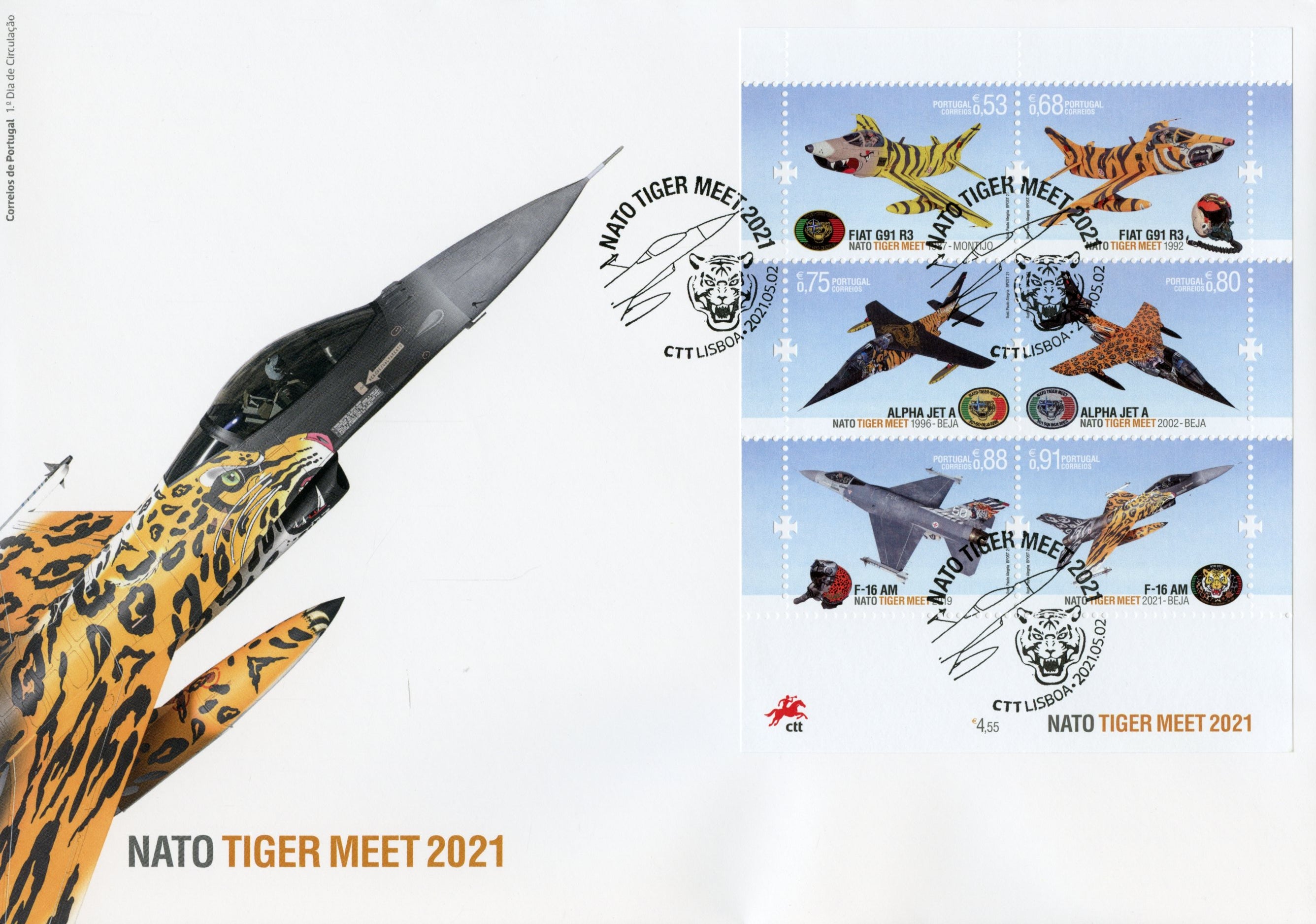 Portugal Military Aviation Stamps 2021 FDC NATO Tiger Meet F-16 Alpha Jet A 6v M/S