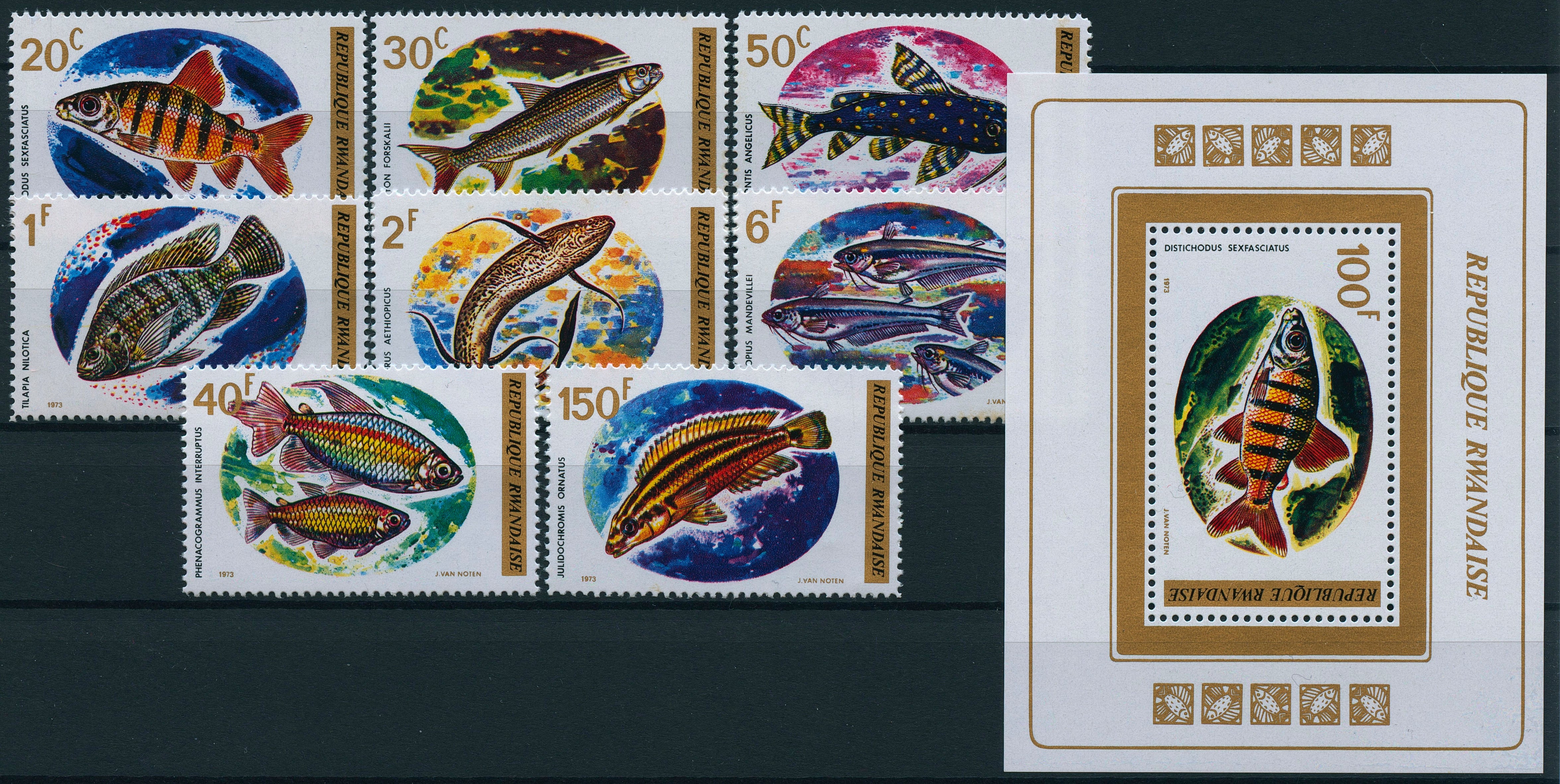 Rwanda 1973 MNH Fish 8v Set + 1v M/S Fishes Stamps