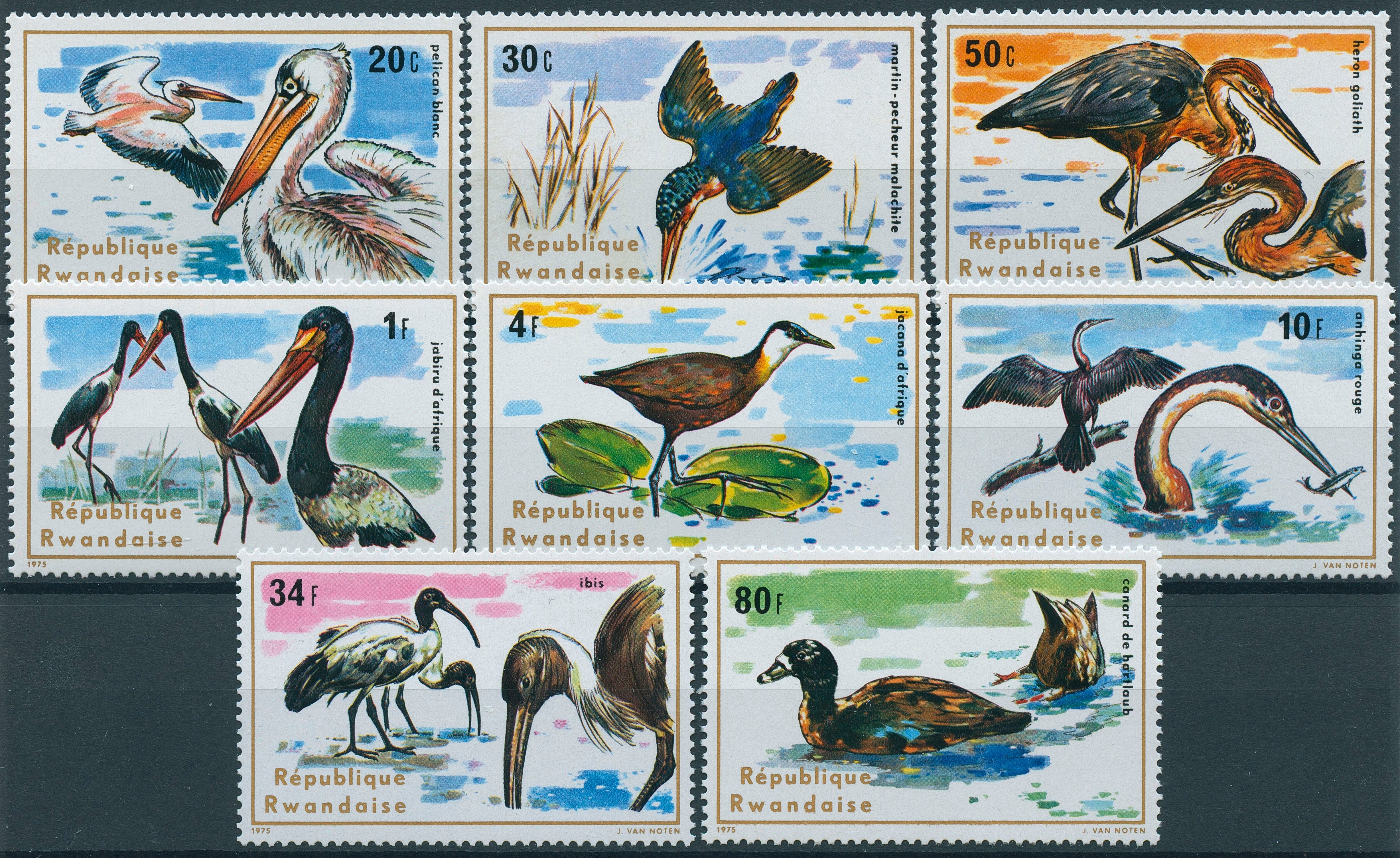 Rwanda 1975 MNH Aquatic Birds 8v Set Pelicans Ducks Kingfishers Herons Stamps