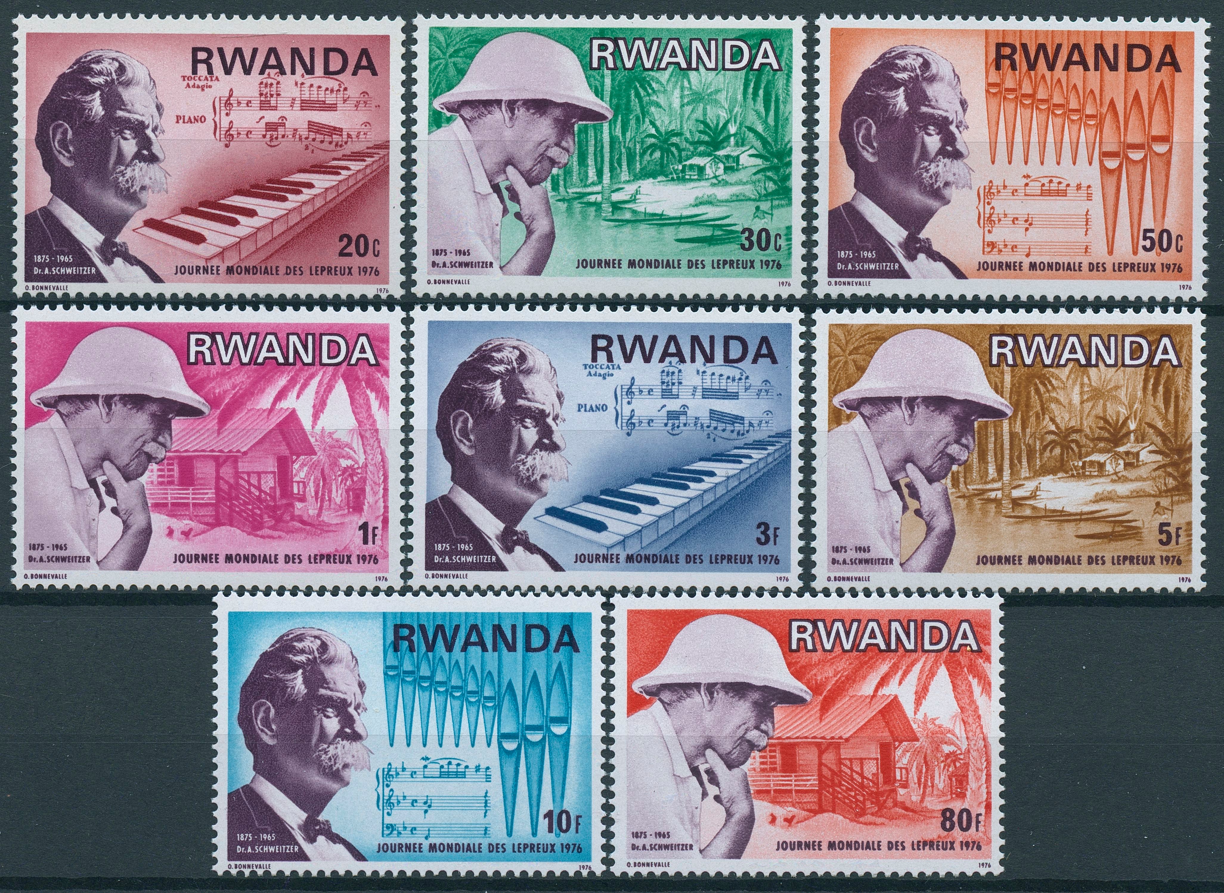 Rwanda 1976 MNH World Leprosy Day 8v Set Medical Dr Schweitzer Music Stamps
