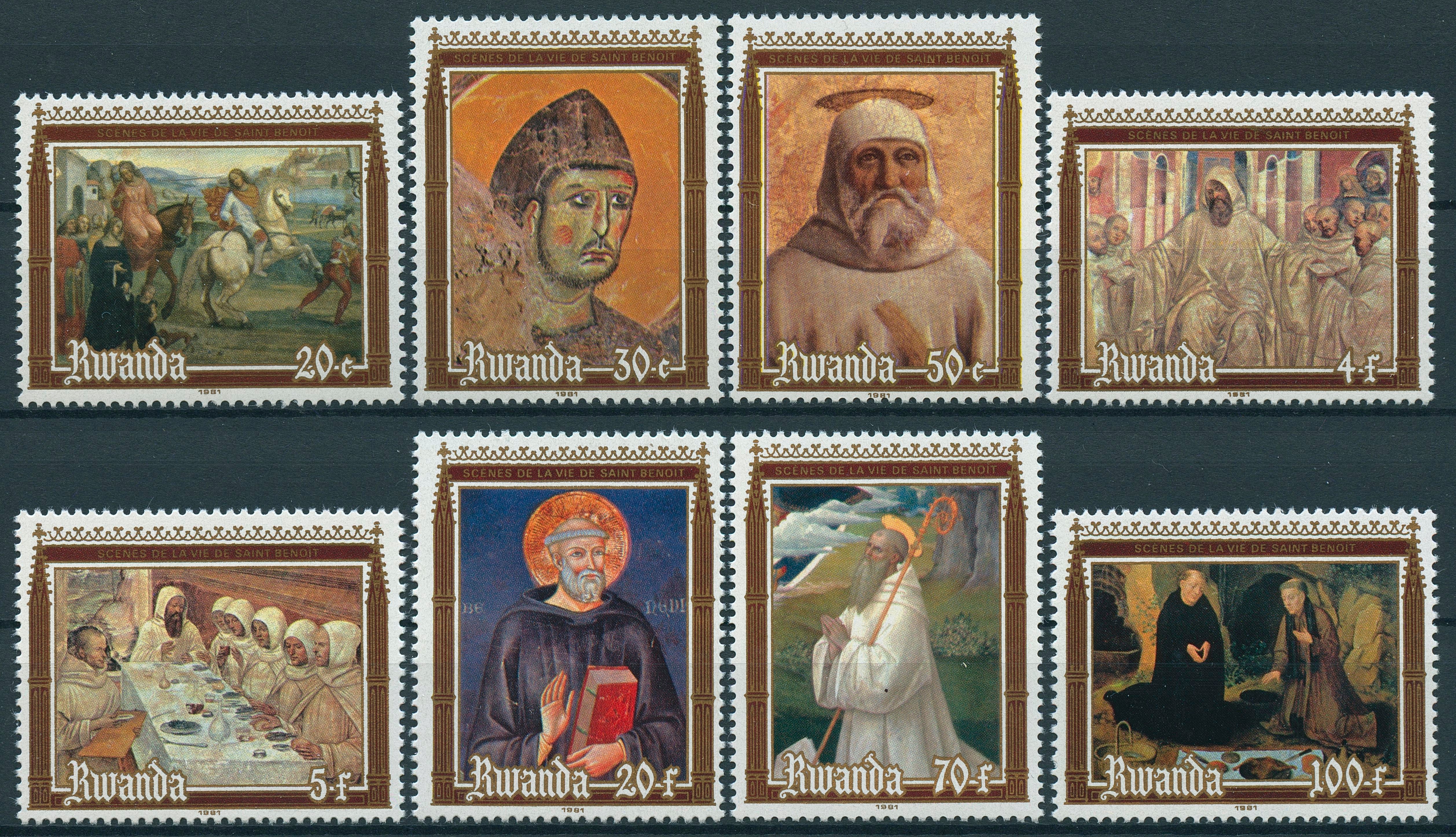 Rwanda 1981 MNH St Benedict 1500th Birth Anniv 8v Set Art Paintings Stamps