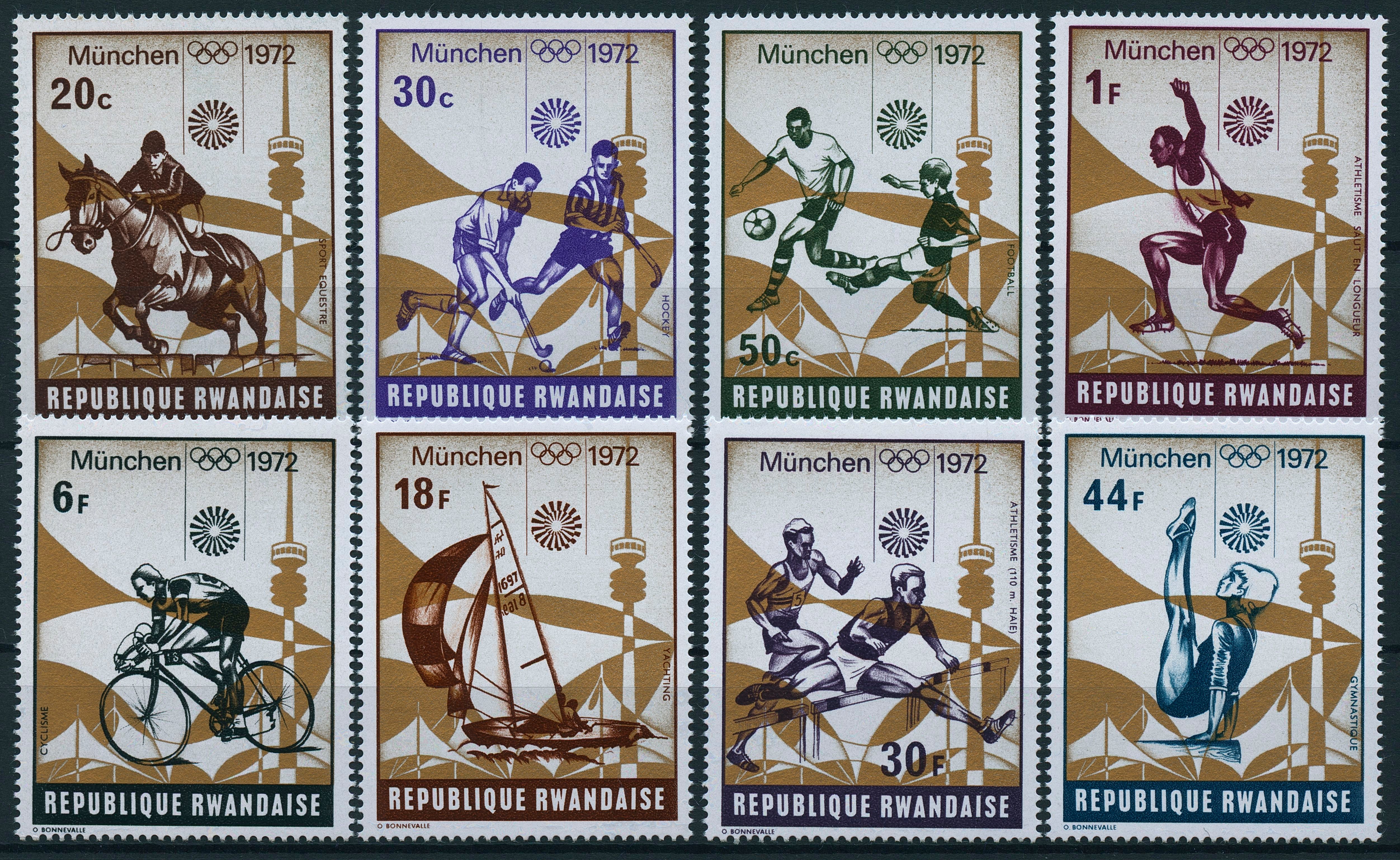 Rwanda 1972 MNH Summer Olympics Munich 8v Set Hockey Football Sailing Stamps