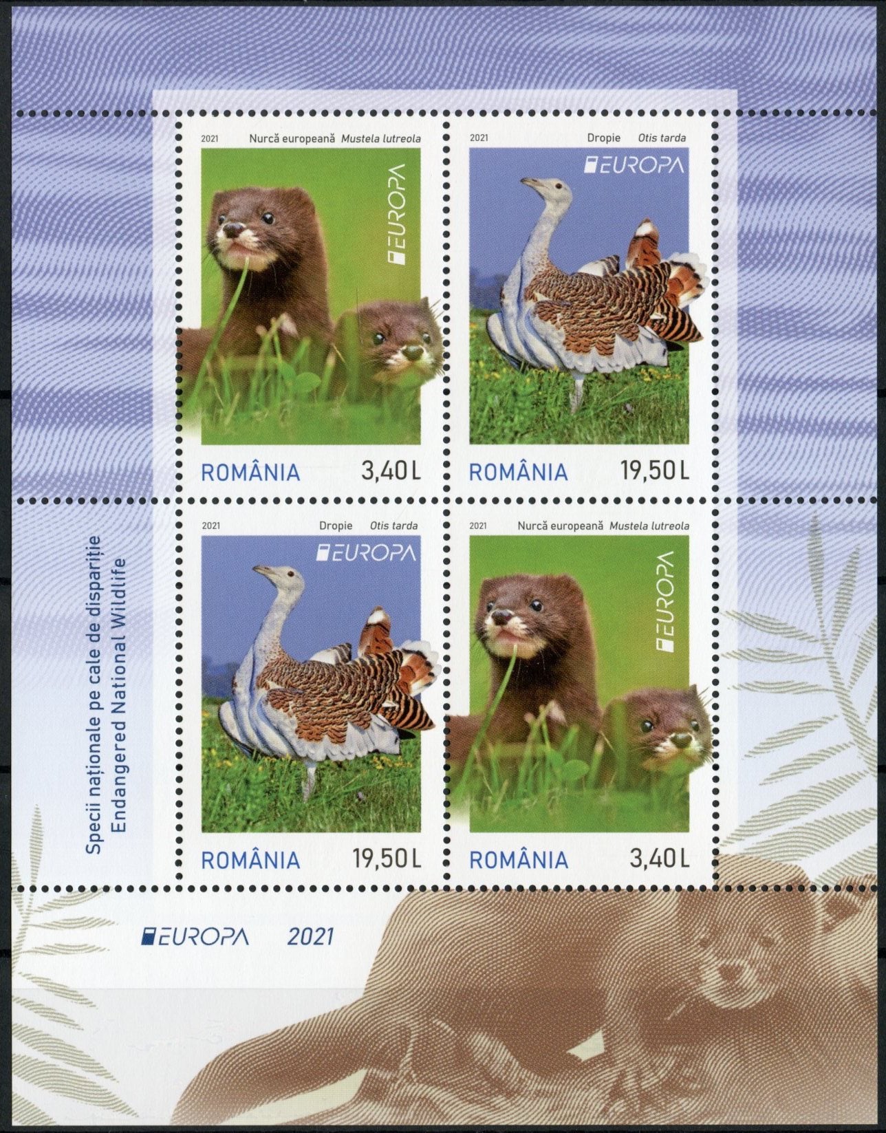 Romania Europa Stamps 2021 MNH Endangered National Wildlife Minks Bustards Birds 4v M/S I