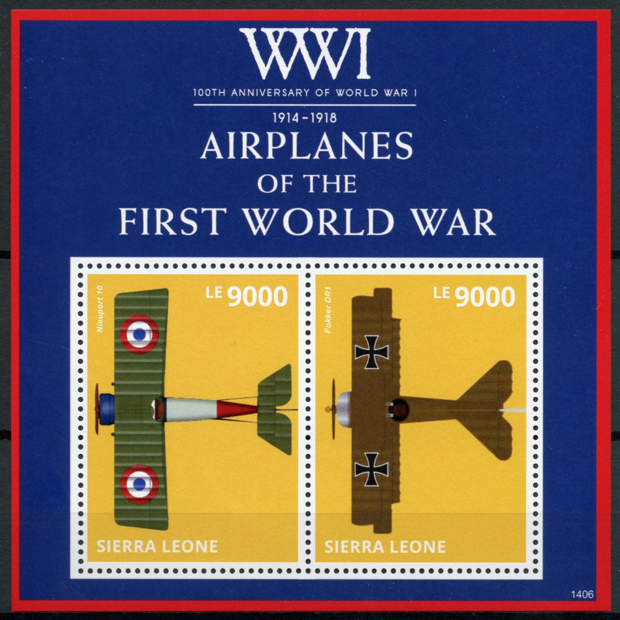 Sierra Leone 2014 MNH WWI WW1 First World War Airplanes 2v S/S Fokker Stamps