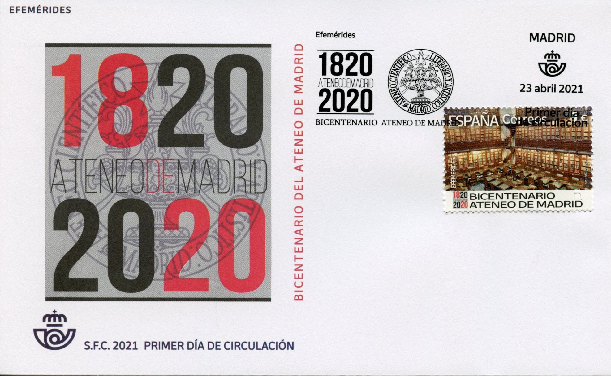 Spain Architecture Stamps 2021 FDC Ateneo de Madrid Bicentenary Library Books 1v Set