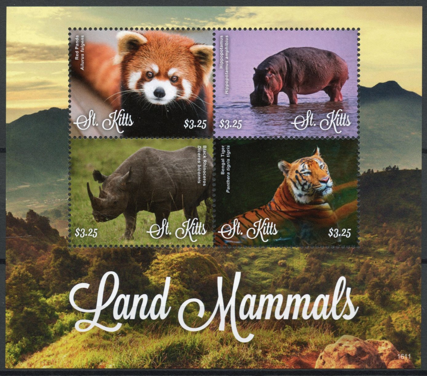St Kitts Animals Stamps 2016 MNH Land Mammals Tigers Rhinos Hippos Pandas 4v M/S