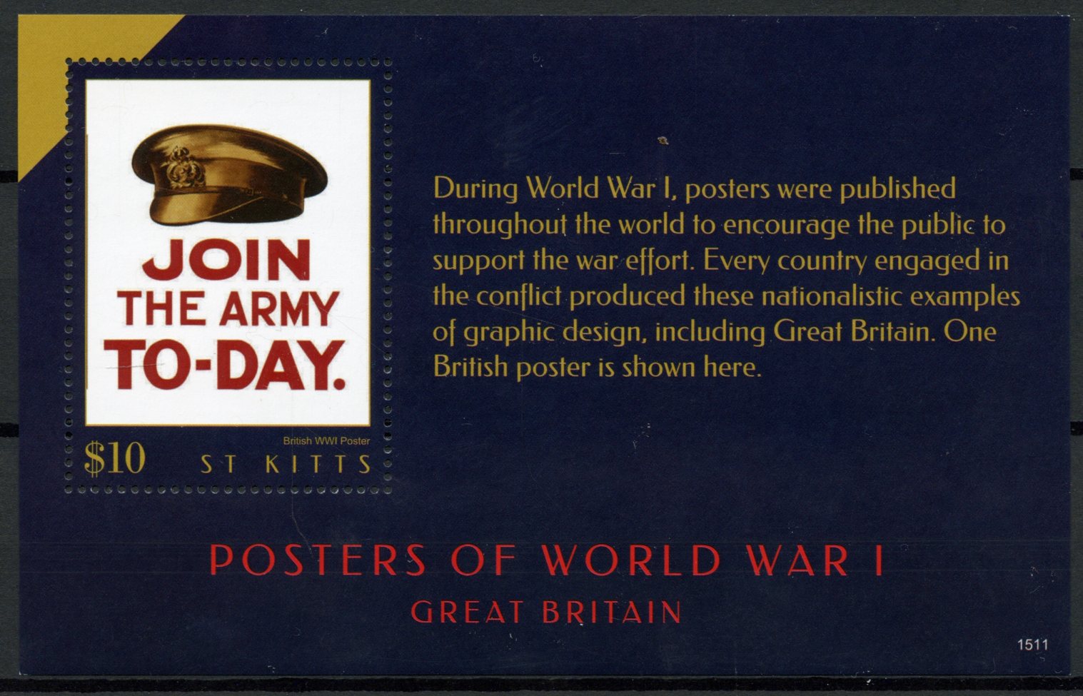 St Kitts 2015 MNH WWI WW1 Posters of World War I Great Britain 1v S/S Stamps
