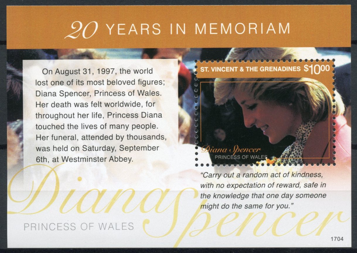St Vincent & Grenadines 2017 MNH Princess Diana 20th Mem 1v S/S I Royalty Stamps