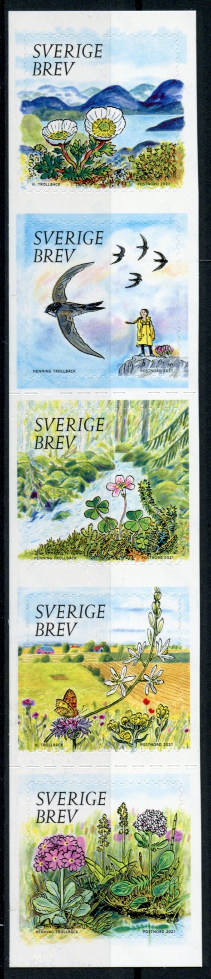 Sweden 2021 MNH Nature Stamps Flowers Butterflies Plants Landscapes Birds 5v S/A Strip