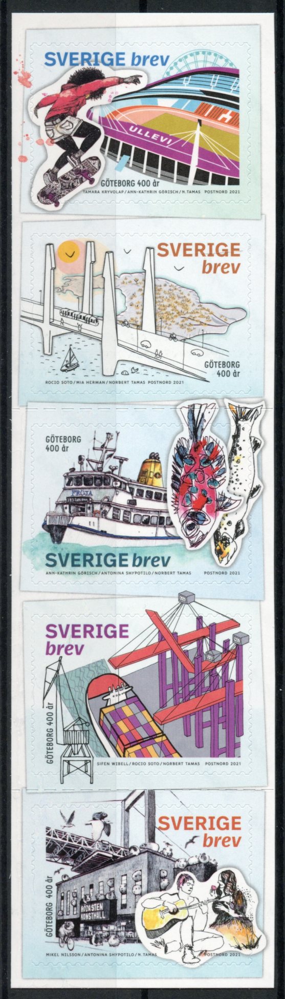 Sweden 2021 MNH Tourism Stamps Gothenburg Bridges Fish Boats Sports 5v S/A Strip
