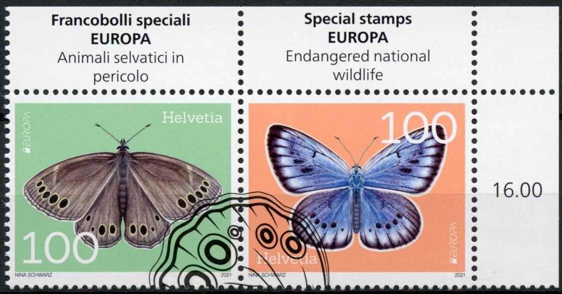 Switzerland Europa Stamps 2021 CTO Endangered National Wildlife Butterflies 2v Set