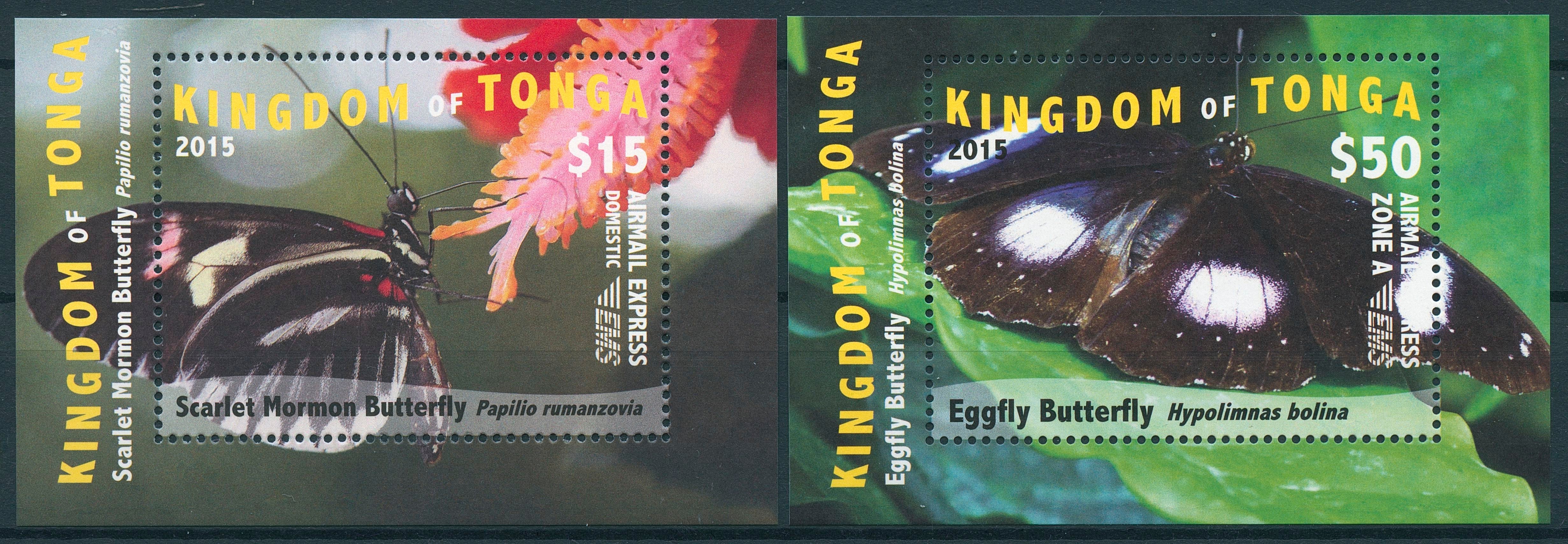 Tonga 2015 MNH EMS Part 1 Butterflies 2v Deluxe M/S Insects Eggfly Butterfly