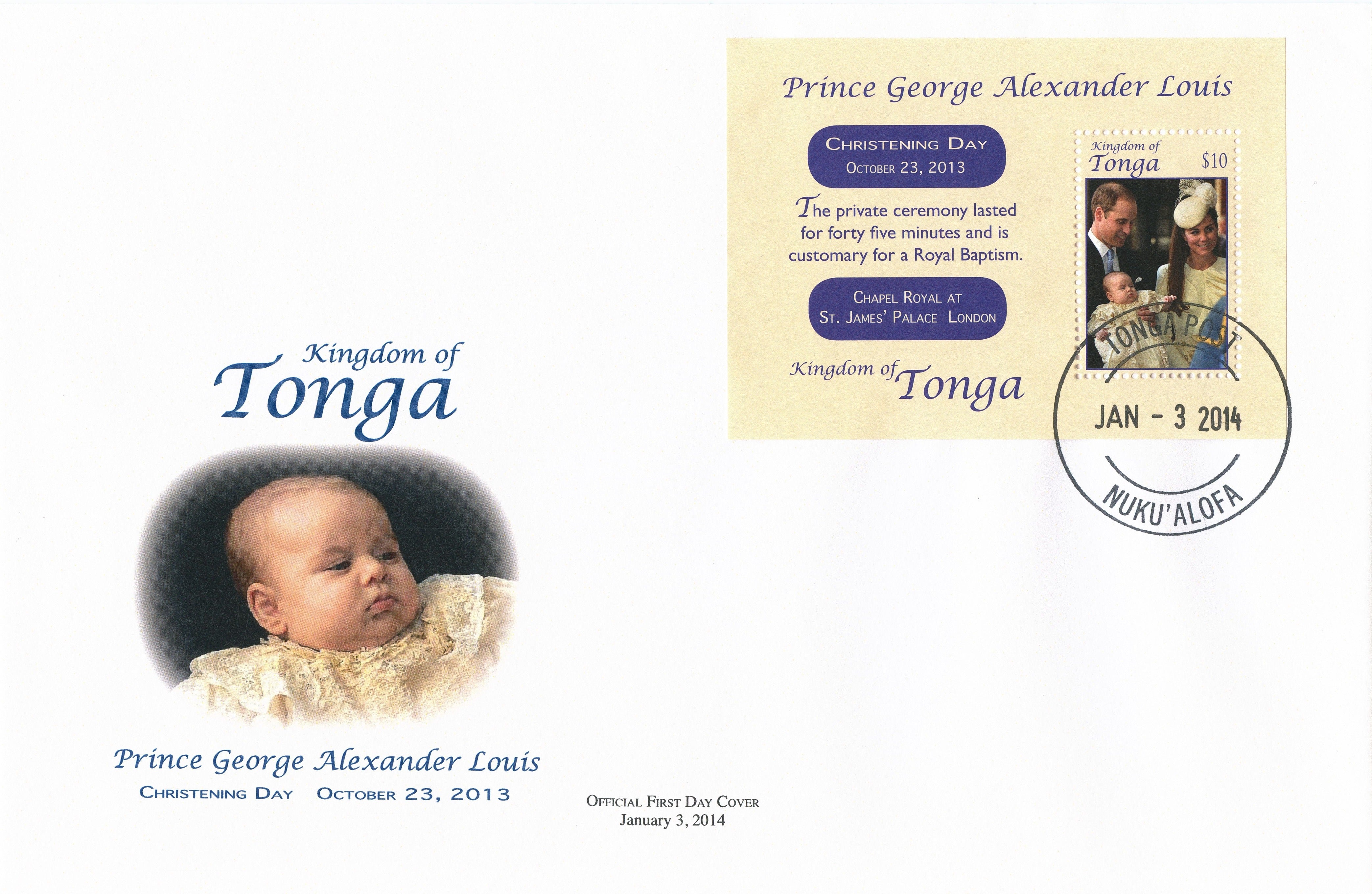 Tonga 2014 FDC Prince George Royal Baby Christening Day 1v M/S Cover William