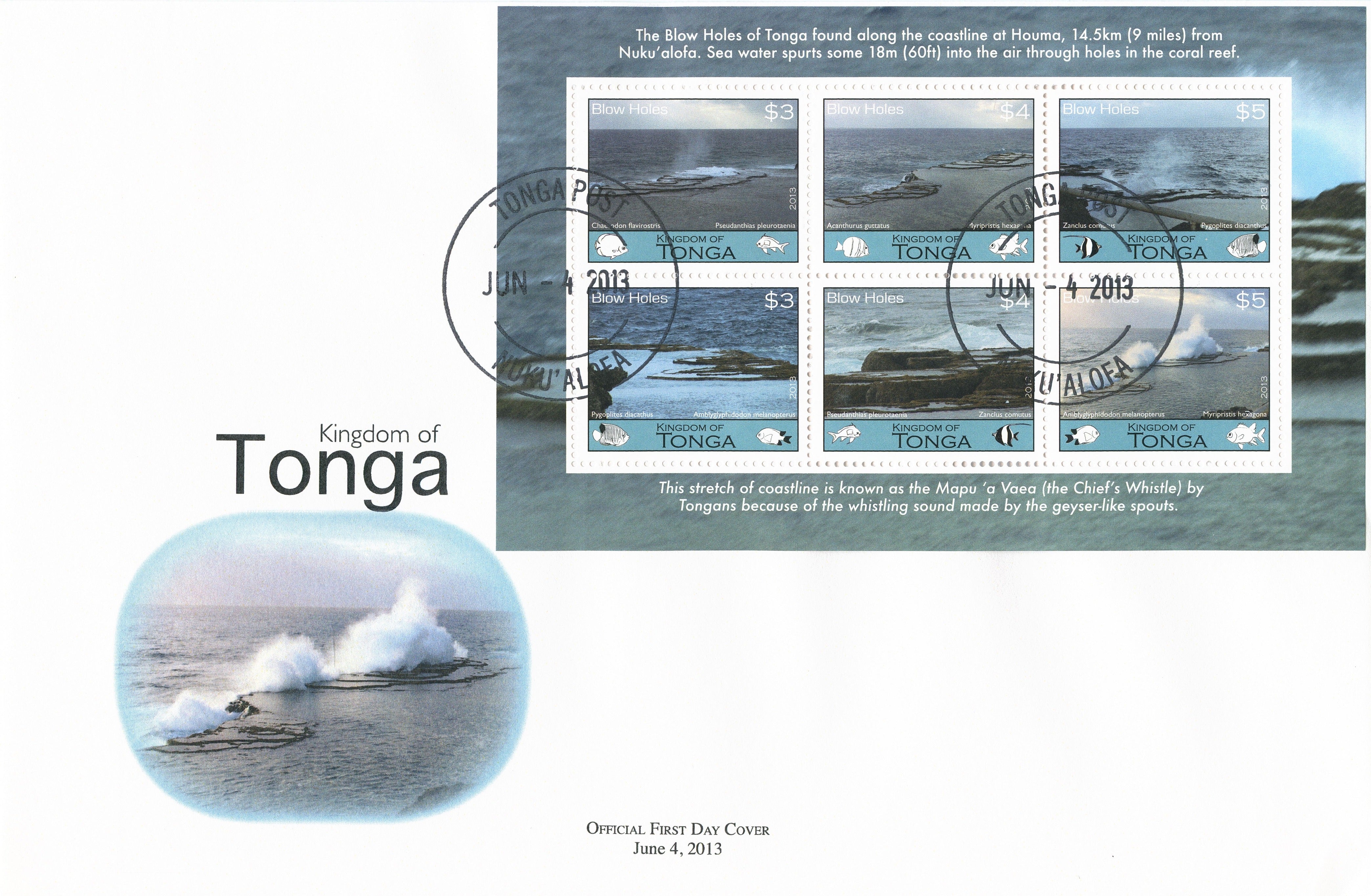 Tonga 2013 FDC Blow Holes 6v Sheet Cover Blowhole Houma Coral Reef