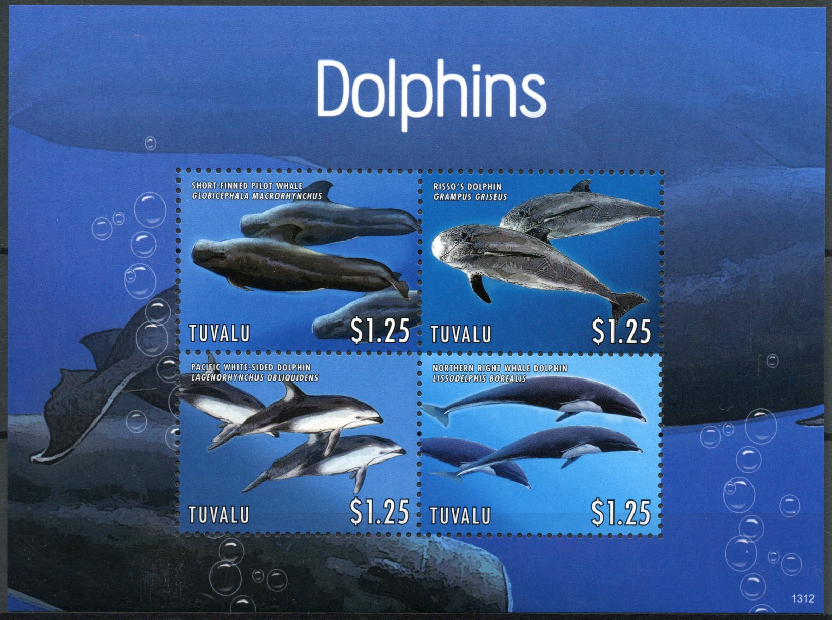 Tuvalu 2013 MNH Dolphins 4v M/S Marine Mammals Whale Dolphin Pilot Risso's