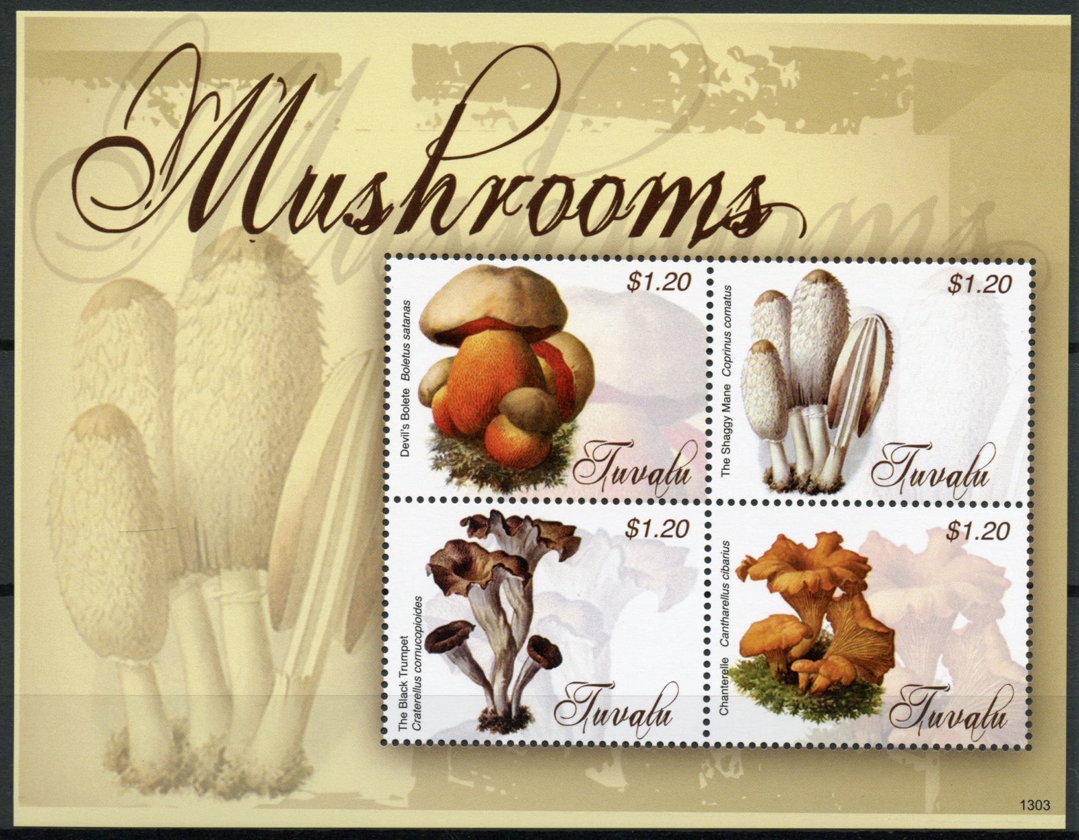 Tuvalu 2013 MNH Mushrooms 4v M/S Nature Fungi Devil's Bolete Chanterelle Stamps