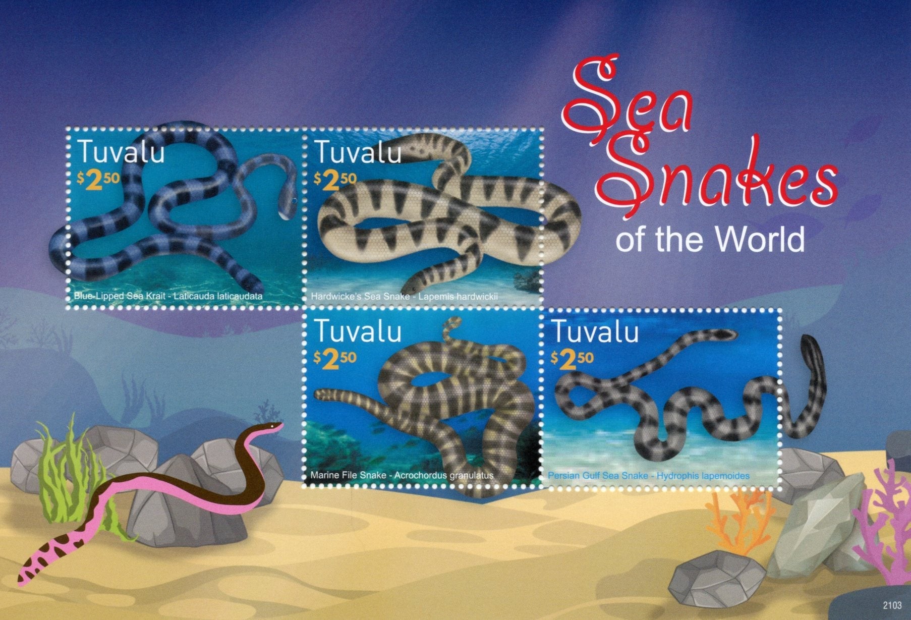 Tuvalu 2021 MNH Reptiles Stamps Sea Snakes of World Krait File Snake 4v M/S