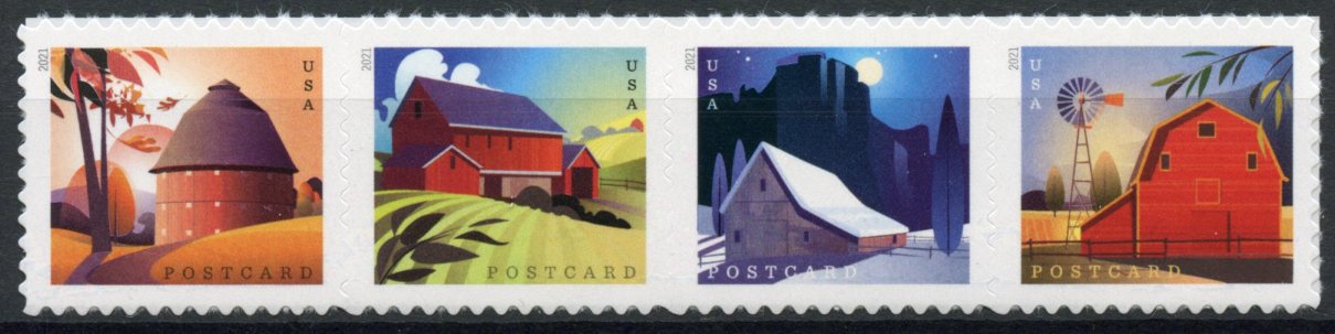 USA 2021 MNH Architecture Stamps Barns Buildings Postcard Rate 4v S/A Strip