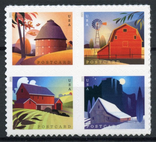 USA 2021 MNH Architecture Stamps Barns Buildings Postcard Rate 4v S/A Block