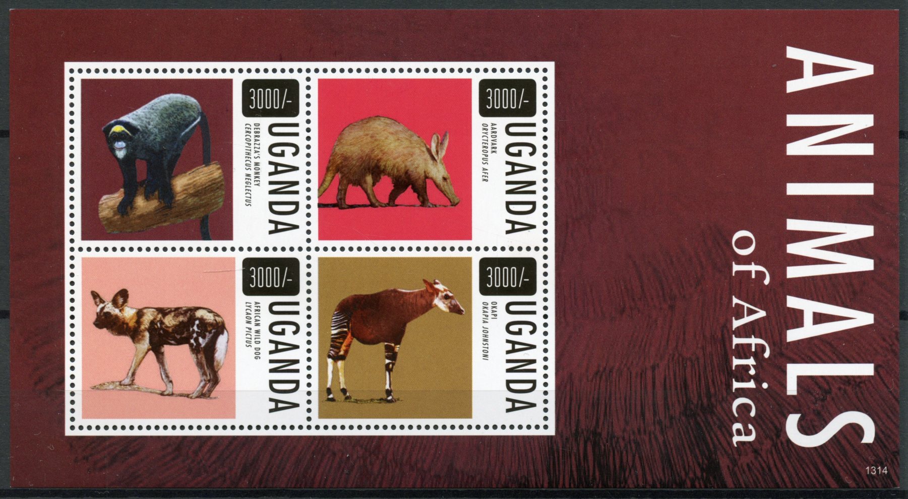Uganda 2013 MNH Animals of Africa 4v M/S Wild Dogs Monkeys Aardvark Okapi Stamps